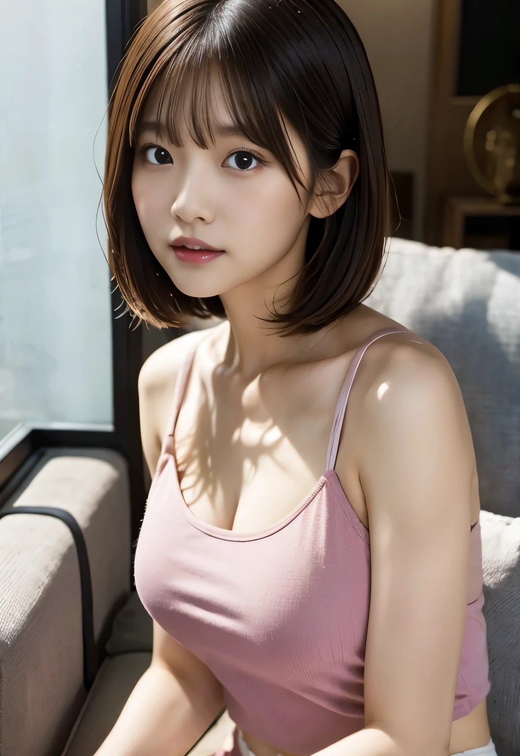 (((sit on the sofa:1.3, indoor, Photographed from the front))), ((medium bob:1.3,pink tank top, japanese woman, cute)), (clean, natural makeup), (highest quality, masterpiece:1.3, 超High resolution), (Super detailed, caustics), (realistic:1.4, RAW shooting), very detailed, High resolution, 16K resolution