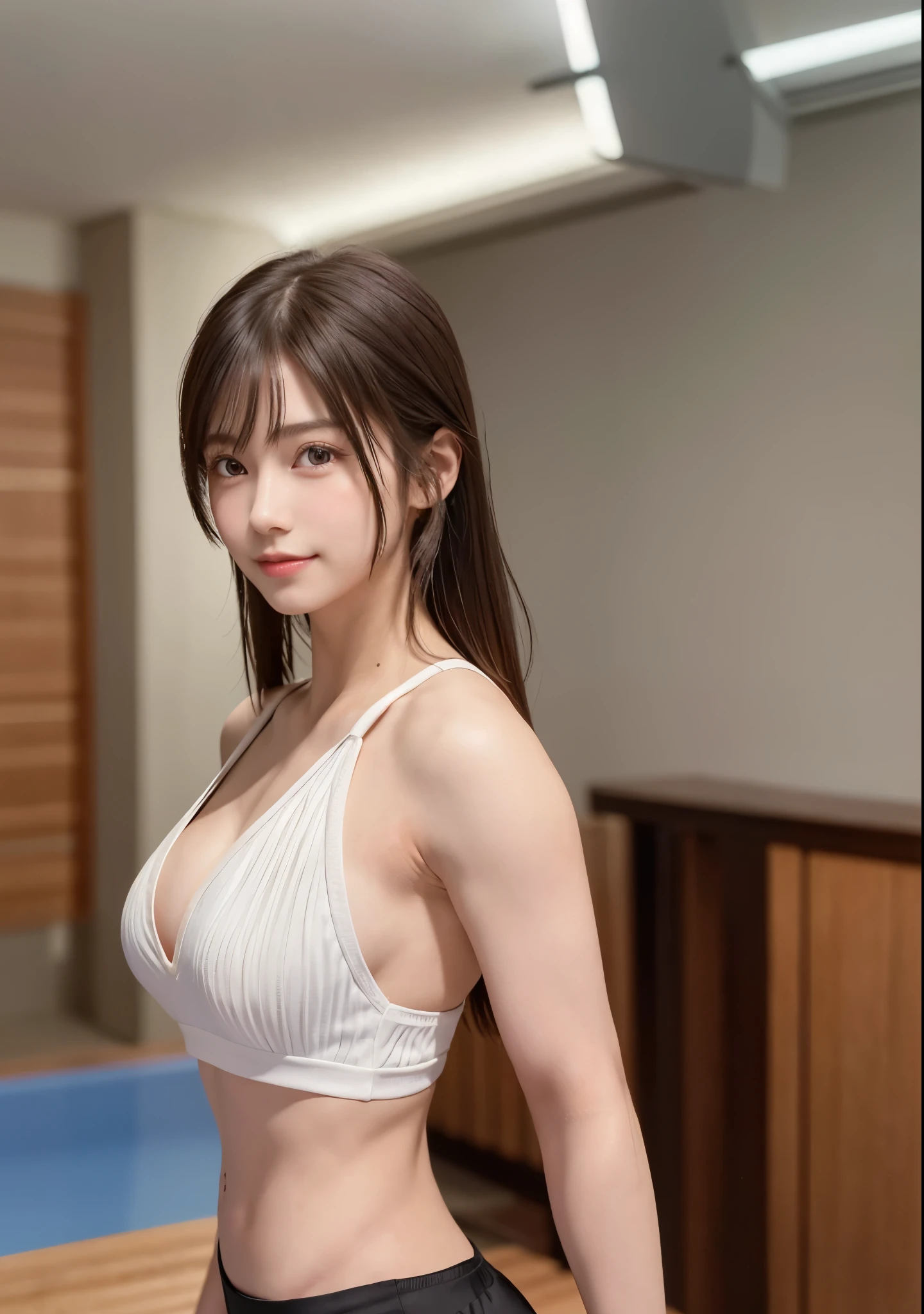 21 years old, girl, brown hair, long hair, black eyes, huge breasts, big butt, thick legs, erotic pose, sexy pose, (Masterpiece), Perfect Anatomy, Intricate, (Very Detailed), Masterpiece, Photorealistic, Perfect Anatomy, Cinematic Lighting, Shading, Highly Detailed Skin, Beautiful Detailed Eyes, Best Quality, Super Detailed, (Illustrations), Super Detailed, Looks Viewer Side, (Very Delicate Eyes: 1.3), Backless Top, Gymnastics Shorts, (Very Detailed Backless top), (highly detailed gym shorts), (spa background), happy theme, indie aesthetic, smile, dynamic pose, vibrant colors, shadows, contrast, refraction, perspective, depth, excellent Anatomy, stunning details