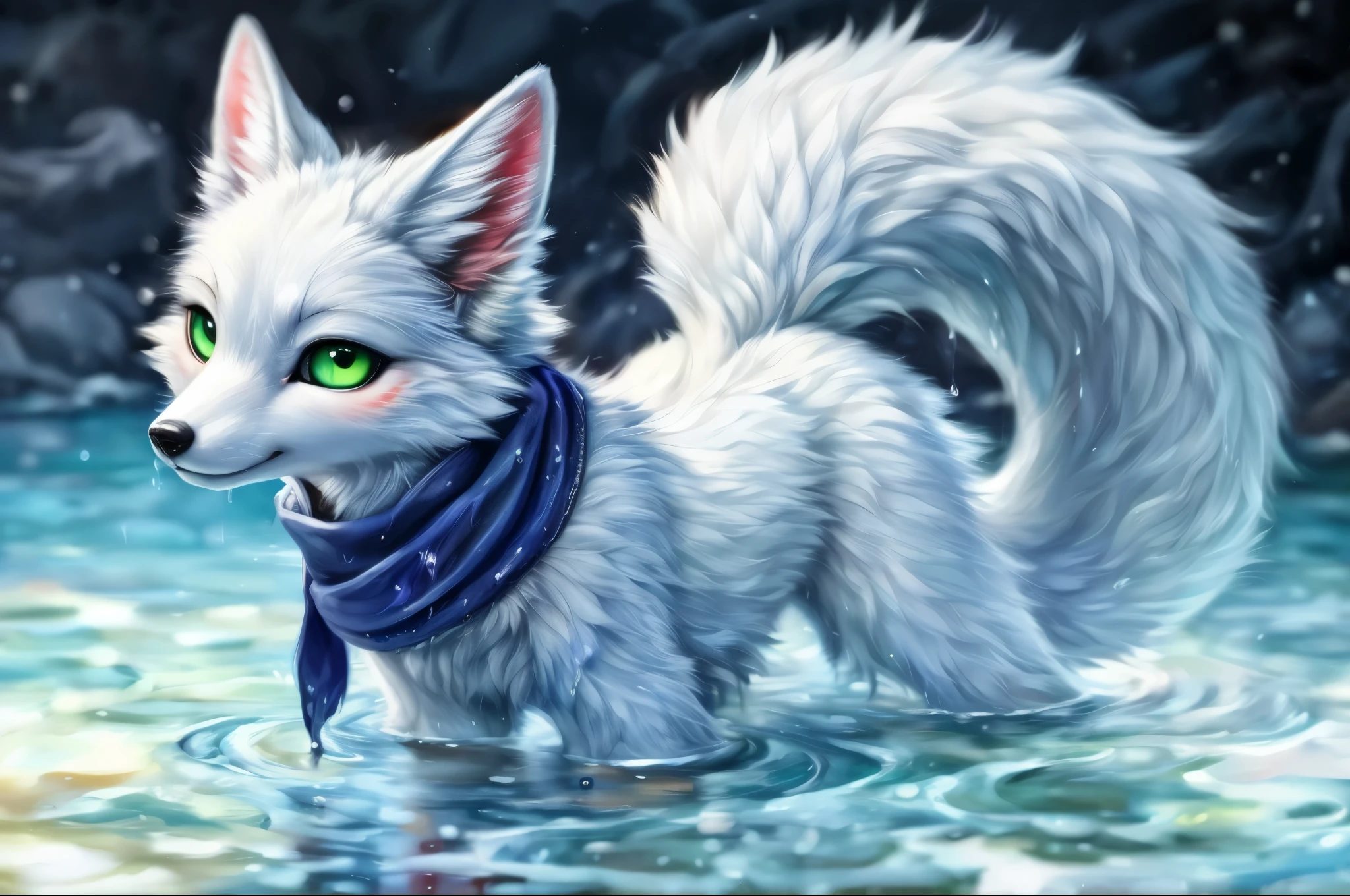 a close up of a white fox with green eyes(big black pupils, green eyes, white sclera) in water, white - haired fox, very very beautiful furry art, white fox anime, white fox, furry fantasy art, cute detailed digital art, adorable digital painting, ethereal fox, kitsune three - tailed fox, vampire white fox, fursona art, art of silverfox, kitsune, fluffy tail, blue scarf, partially immersed, wet fur, wet haired white fox, high details, hd, masterpiece, oil painted, accurate contours, photorealistic, breathtaking,