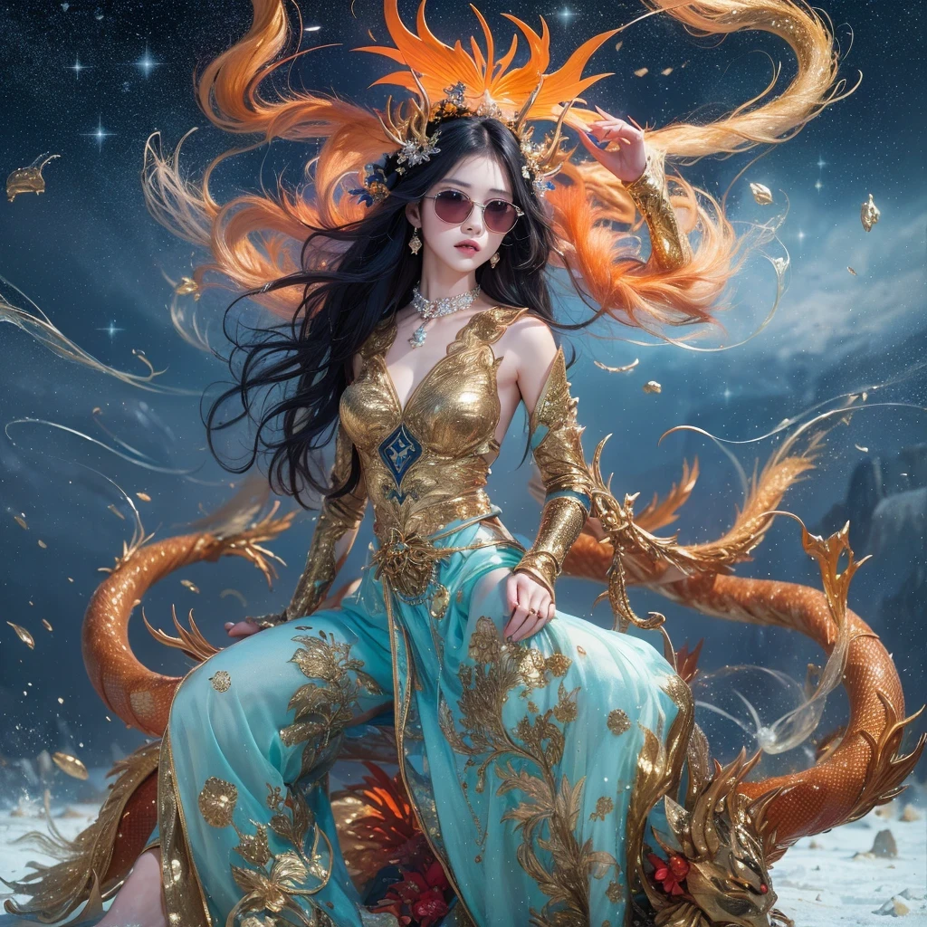 Antlers Flying Nine Tails Light Blue Heavenly Master Flame Hair Star,Moon Night black, gold and orange snake print silk trousers,Rouge Diamond Tulle Sheer Lizard Print,Girl flying in space in the snow 1:900 miniatures,Front view,pure transparency,put on boxing gloves,Wear gold-framed Reverse Light sunglasses,Panoramic super wide angle,very happy,Authentic and delicate texture,Strong visual impact,super detailed,dream girl,delicate face型,beautiful eyes,Hair floating in the air, cherry style,Zhou Xiaotong,crystal clear,Good sense of perspective,Light shadow effect,16KLight slip,surface reflected Light,flowing black hair,Water Goddess 32K,complicated,grace,Very detailed,Gorgeous,digital photography,Autumn Cowboy Shooting,Surrealism,broken ruby,defeat magic,Water magic entanglement,(masterpiece,Light,beautiful eyes:1.2),high dynamic range,void 5 energy storm,(china 1 girl,black eyes:1.5),rouge skin,Light skin,(sit on stone:1.5),delicate face,black hair,Put on Gorgeous golden armor,starry sky background,beautiful golden armor,it'it'it'It's raining,beautiful,University Teachers'Don't look at the audience,focus shift,masterpiece
