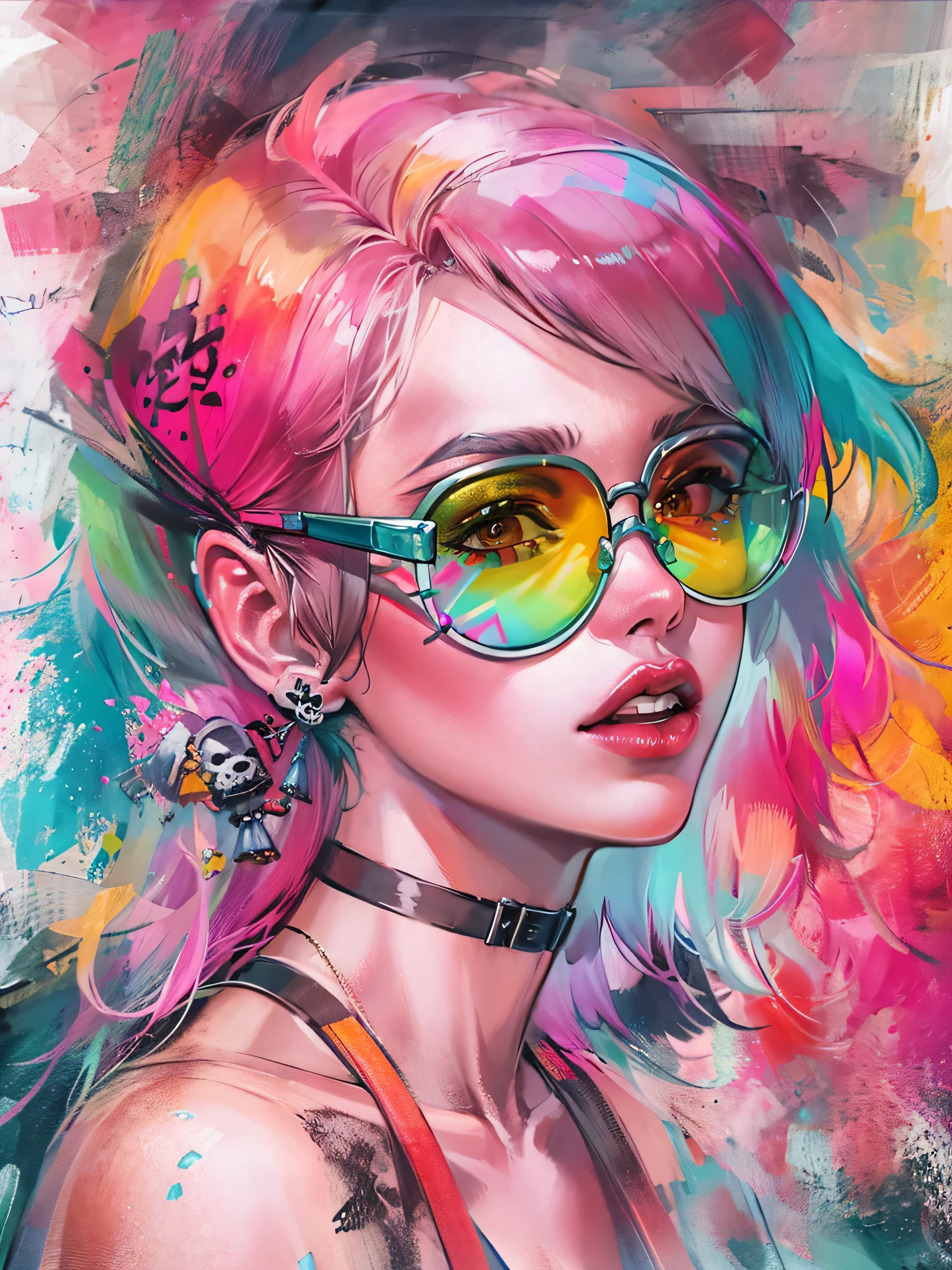 watercolor painting, 8K resolution、((highest quality))、((masterpiece))、((Super detailed))、1 female、alone、incredibly absurd、 (((The most beautiful pirate girl of all time))), (((Stylish sunglasses))), lips in love, white skin, pirate hat, skull fashion, neon、short cut hair、small breasts, (((graffiti art))), colorful hair, provocative