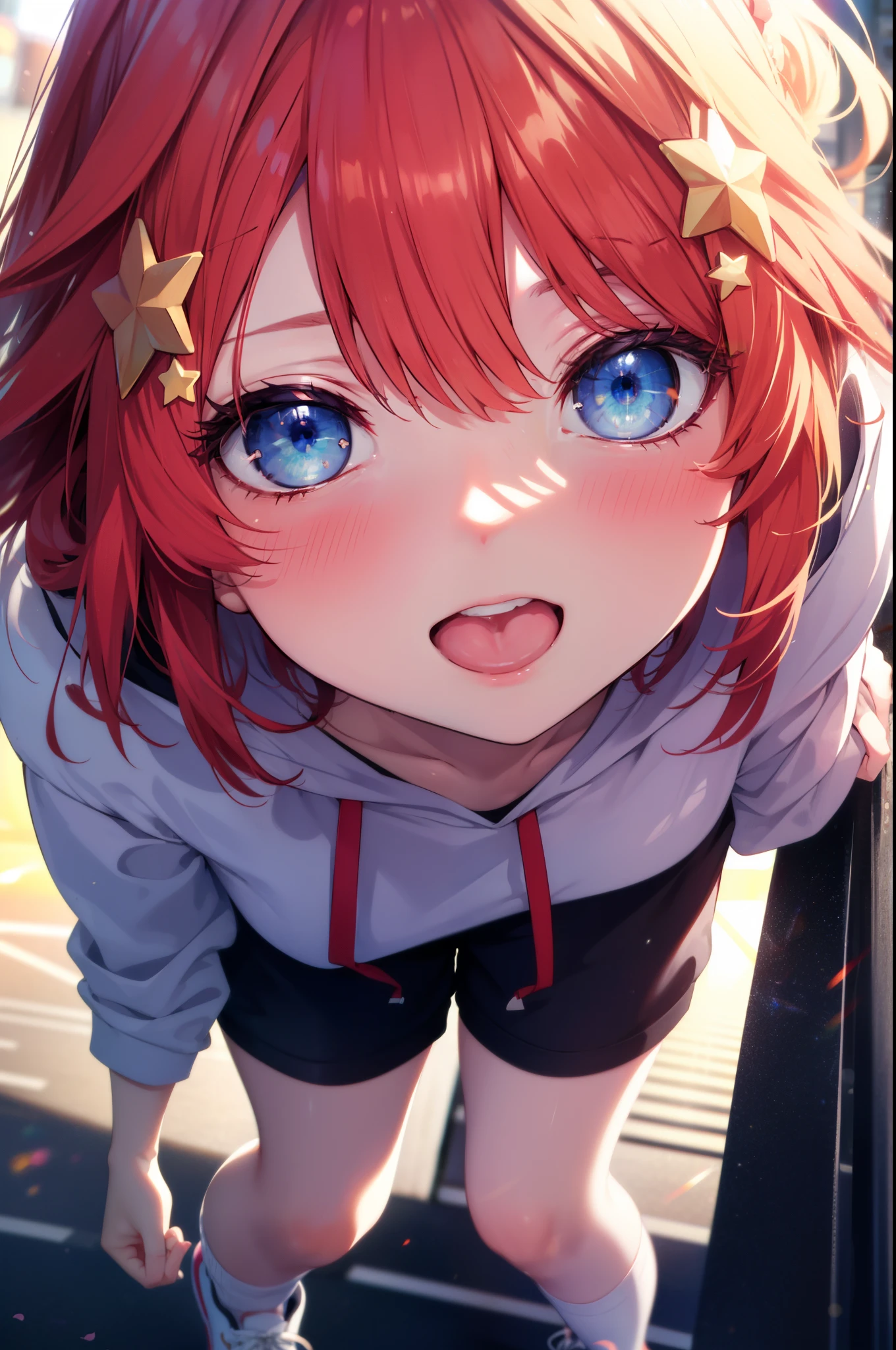 itsukinakano, Itsuki Nakano, bangs, blue eyes, hair between eyes, Ahoge, redhead, star \(symbol\), hair ornaments, star hair ornaments,red oversized hoodie,shorts,white tights,high cut sneakers,smile,blush,(great laugh:1.1), (open your mouth:1.1), (wide open eyes:1.2), glare of the sun, Bokeh, Depth of the bounds written, blurred background, particles of light, strong wind, (heart particles:1.1)
break outdoors, In town,Destroy the building area (masterpiece:1.2), highest quality, High resolution, unity 8k wallpaper, (figure:0.8), (detailed and beautiful eyes:1.6), highly detailed face, perfect lighting, Very detailed CG, (perfect hands, perfect anatomy),
