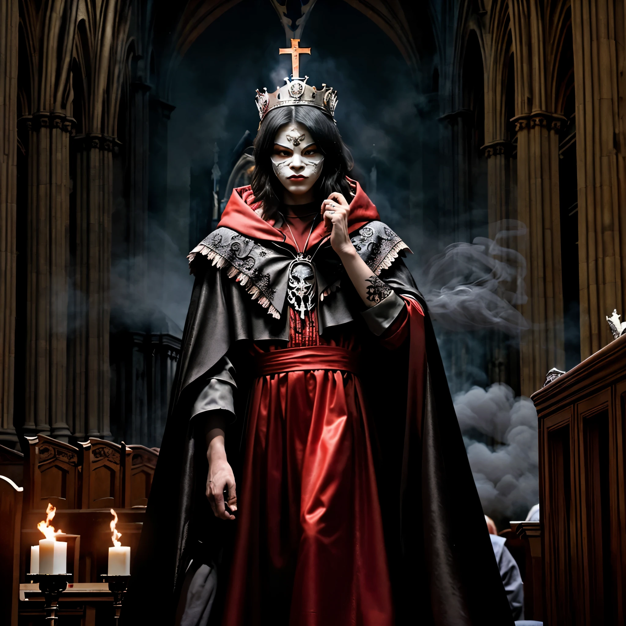 Pragmatic Painting, muste piece, (The ultimate painting of realism: 1.4), (Burning edge flame effect), (It's photorealistic: 1.4),Against the backdrop of a room filled with red smoke、Werewolf warriors lining the ultra-luxurious rooms of the cathedral, Werewolf wearing a black lace cloak and a masquerade mask、There is a werewolf in a dynamic pose with a bright red wolf tattoo all over his body, It's as if you're dancing、Werewolf warriors lining the ultra-luxurious rooms of the cathedral, He wears a masquerade mask with a tattoo in the shape of a wolf covering his face, high resolution, (It's photorealistic: 1.4), Raw photo, , Werewolf warriors lining the ultra-luxurious rooms of the cathedral、A masquerade ball with a bright red wolf tattoo covers the whole body, fearless face, , Werewolf warriors lining the ultra-luxurious rooms of the cathedral、it is、Red smoke fills the cathedral rooms.、The woman wears a super luxurious crown,Werewolf warriors and queen werewolves lining up in the cathedral's ultra-luxurious rooms、、. : Point line light source, Atmospheric world of horror movies