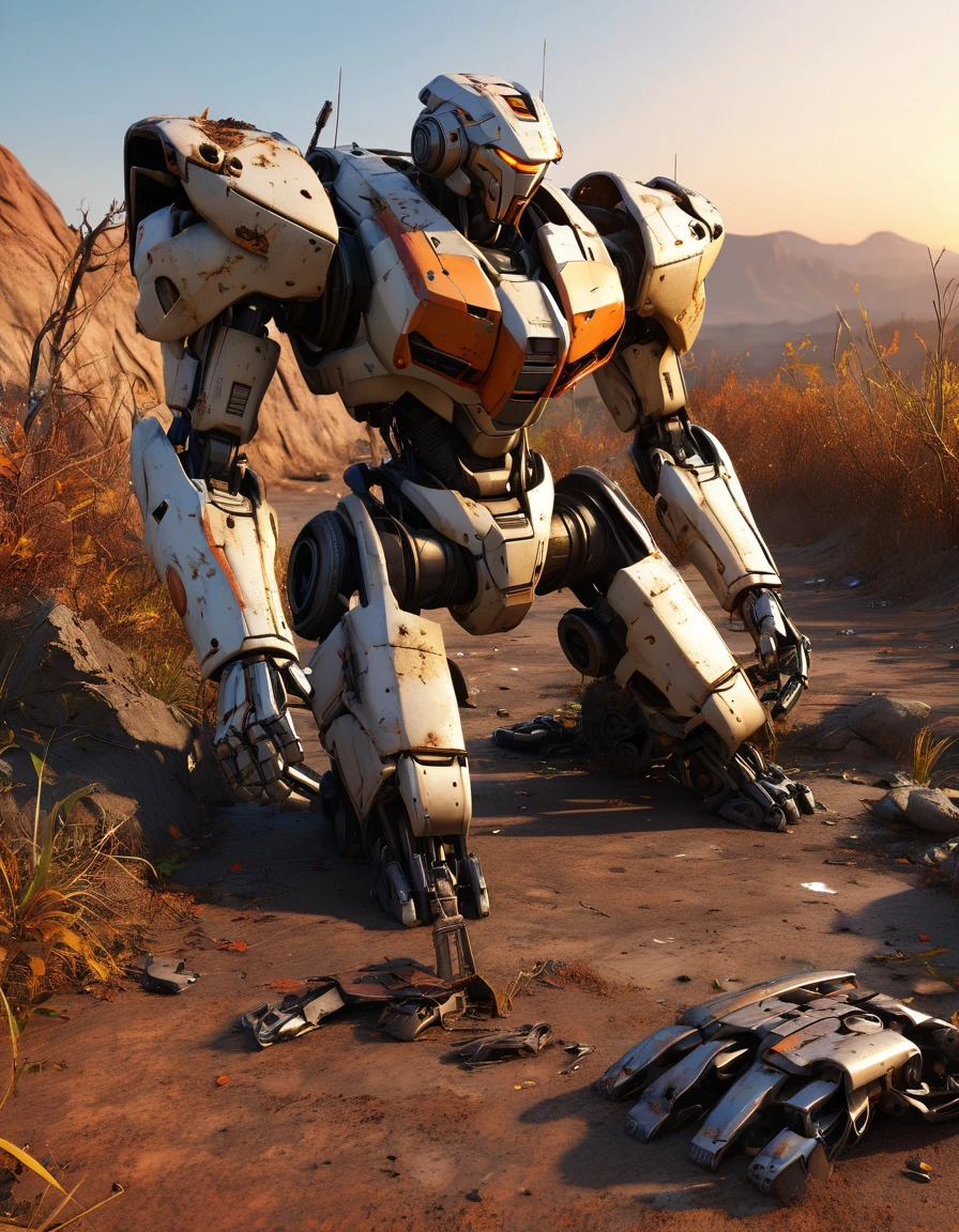 (full-body shot) , ((1 abandoned mecha lying on the ground)), Wasteland,(Damaged rusty metal casing:1.5),(missing limbs:1.5),Bare wires,Extinguished electronic eye,Remains Cliff,Overgrown wasteland,Broken gears and metal pieces,broken glass,swaying weeds,tragic sunset,afterglow,Ruined world background,(global illumination, Ray tracing, high dynamic range, Unreal rendering, Reasonable design, high detail, masterpiece, best quality, ultra high definition, light),3d style