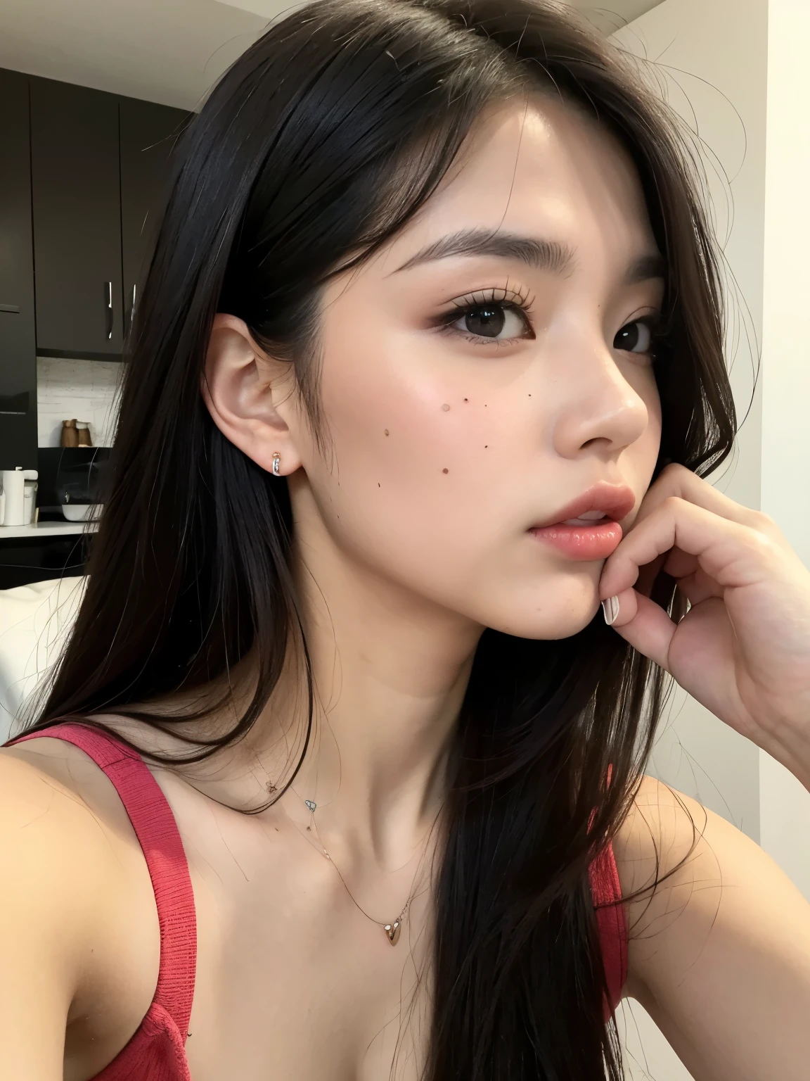 Kim Jennie de blackpink con el cabello rubio claro, cabello rubio con ondulado, cabello de color rubio ondulado, with small fringes, ojos color negro, nariz respingada y bonita, labios gruesos, Cupid and heart shaped lips.., labios rosas, pale, piel blanca, piel bonita y suave, con pecas y lunares, cejas bonitas, marked and beautiful clavicle, mientras tiene un polo con rosas color rojo tinto, rojo oscuro, con ropa interior femenina, abdomen delgado y bonito, escote desnudo, (pechos grandes, pechos suaves, pechos naturales, escote desnudo), mientras agarra una rosa,  mirando a la camara, autofoto