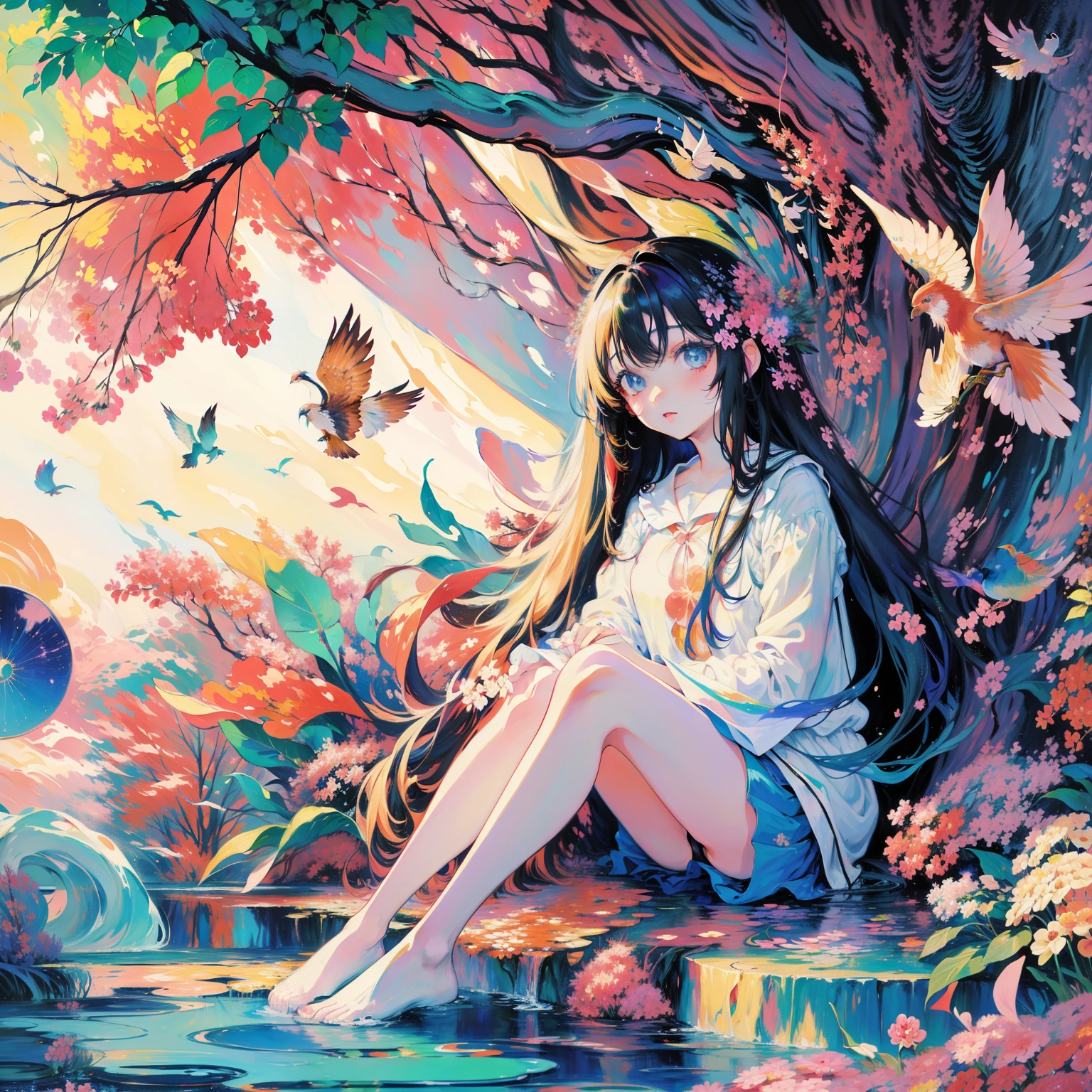 anime girl sitting under a tree with a bird in her hand, anime art wallpaper 4k, anime art wallpaper 4 k, anime style 4 k, beautiful anime artwork, anime art wallpaper 8 k, beautiful anime, beautiful anime girl, beautiful anime art, dreamy psychedelic anime, sitting in a colorful forest, anime girl desktop background, beautiful anime art style, a beautiful artwork illustration