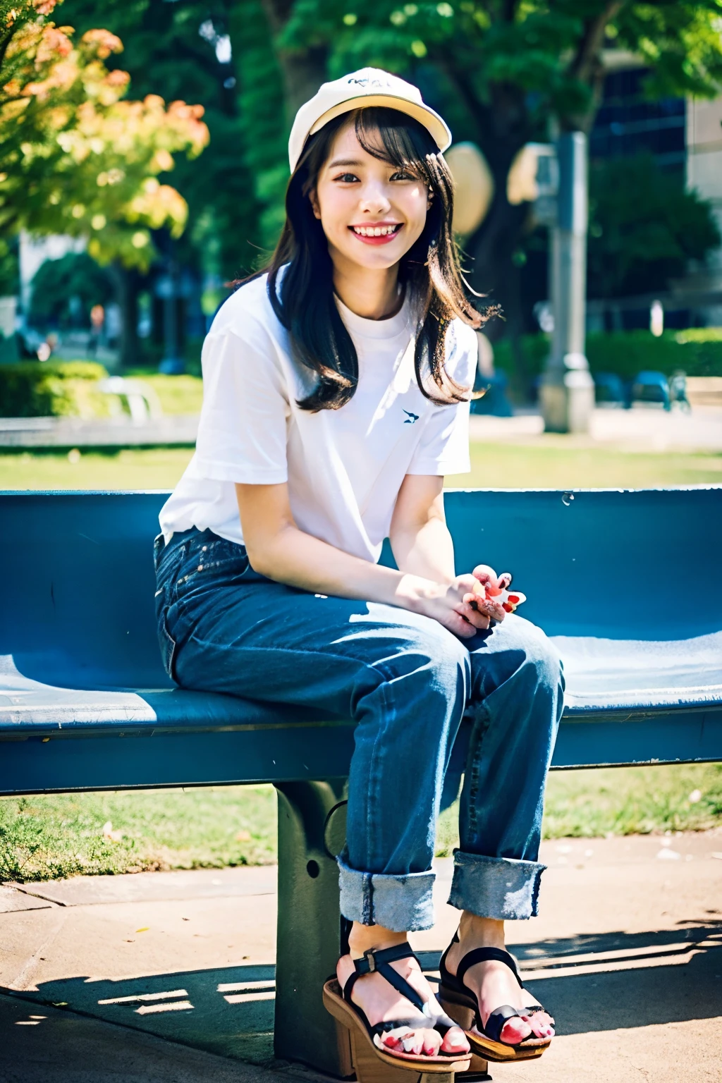 A neat and beautiful woman sitting on a park bench、black hair、Tshirt、skinny denim、sandals、nails on toenails、refreshing smile、smiling showing teeth、hat、Hairstyle side tail、full body photo、