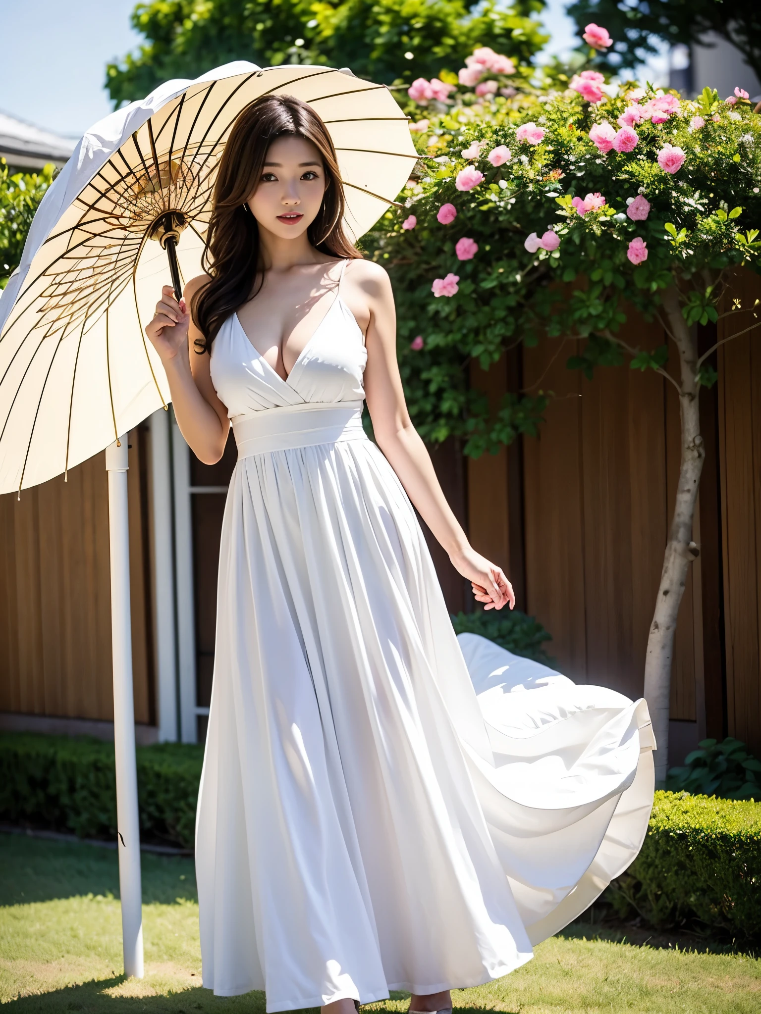 japanese woman、brown hair、beautiful girl、big breasts、1 female、white dress、long skirt、parasol、plain