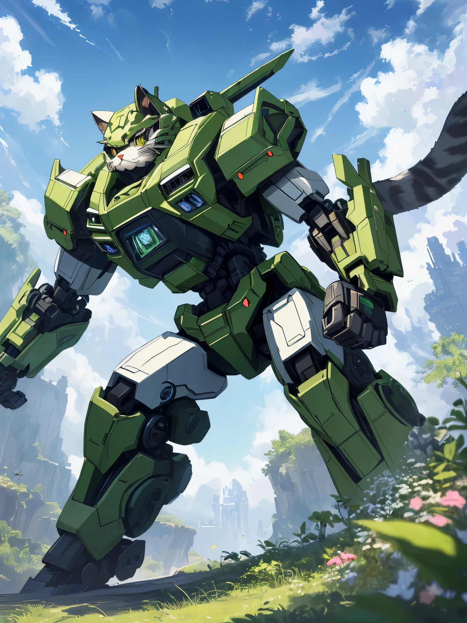 Unorganized solutions, High resolution, (masterpiece: 1.3), hyper detail, Mecha, (((cat design))),Green armor, floating in the sky (1.8) Against the background of blue sky and white clouds