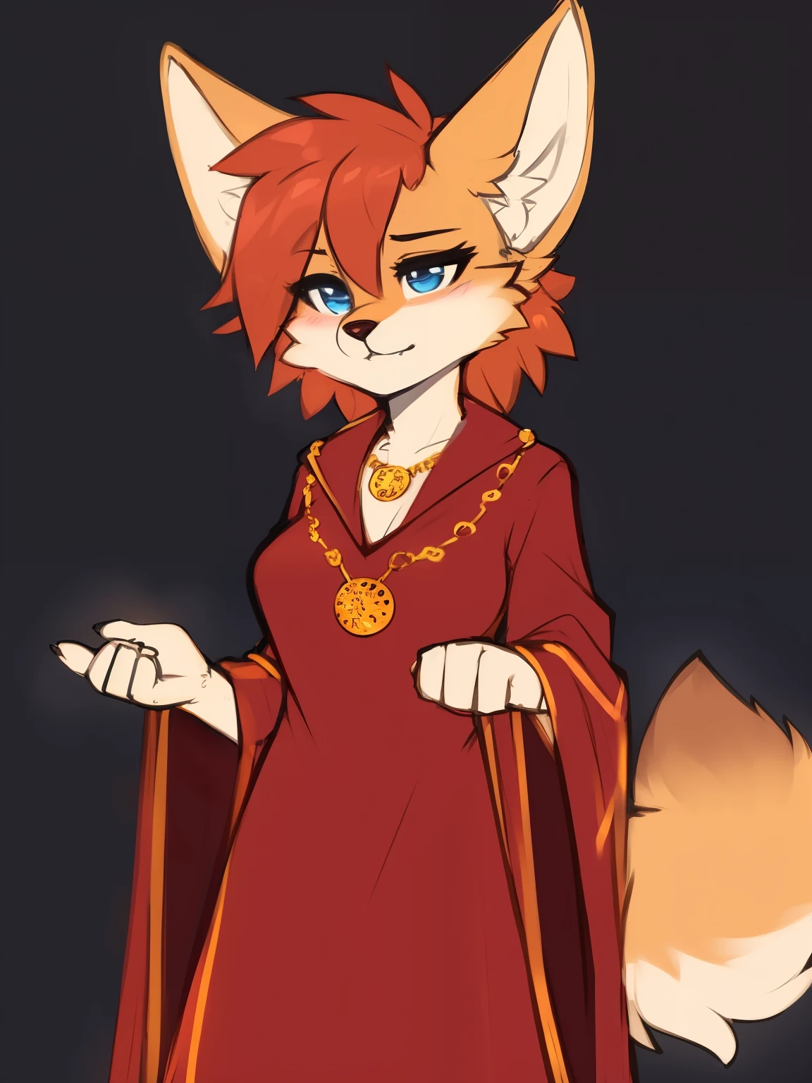 ((masterpiece, best quality)) by zackary911,zackary911, fluff-kevlar, by fluff-kevlar, anthro fennec fox, orange fur, female, solo, one character, fuury character, furry female. blue eyes, big ears, red robe. gold medallion, orange fur. fluffy fur, big tail, serious face, only one tail, dark background, no hair