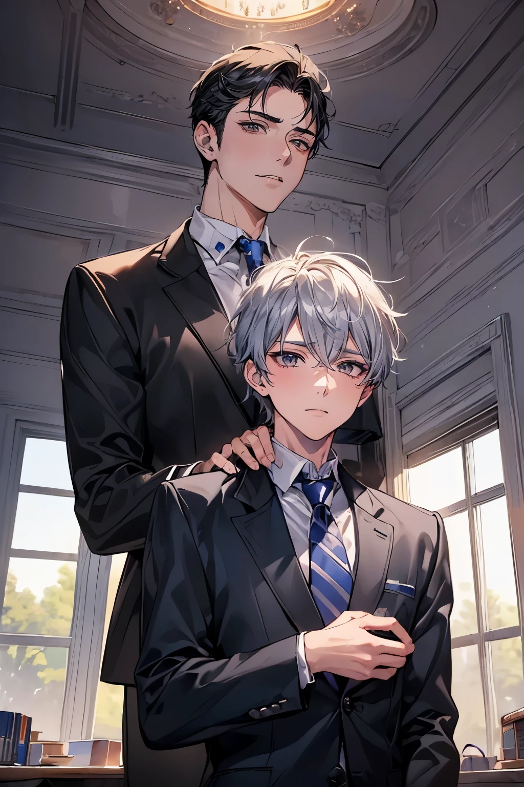 (muste piece), (best quality), very detailed, (((Two friendly high school boys:1.5))), perfect face, beautiful face, very detailed face,(short silver hair man:1.3),(Man with short black hair:1.3),School,classroom,student uniform,tie,long sleeve shirt