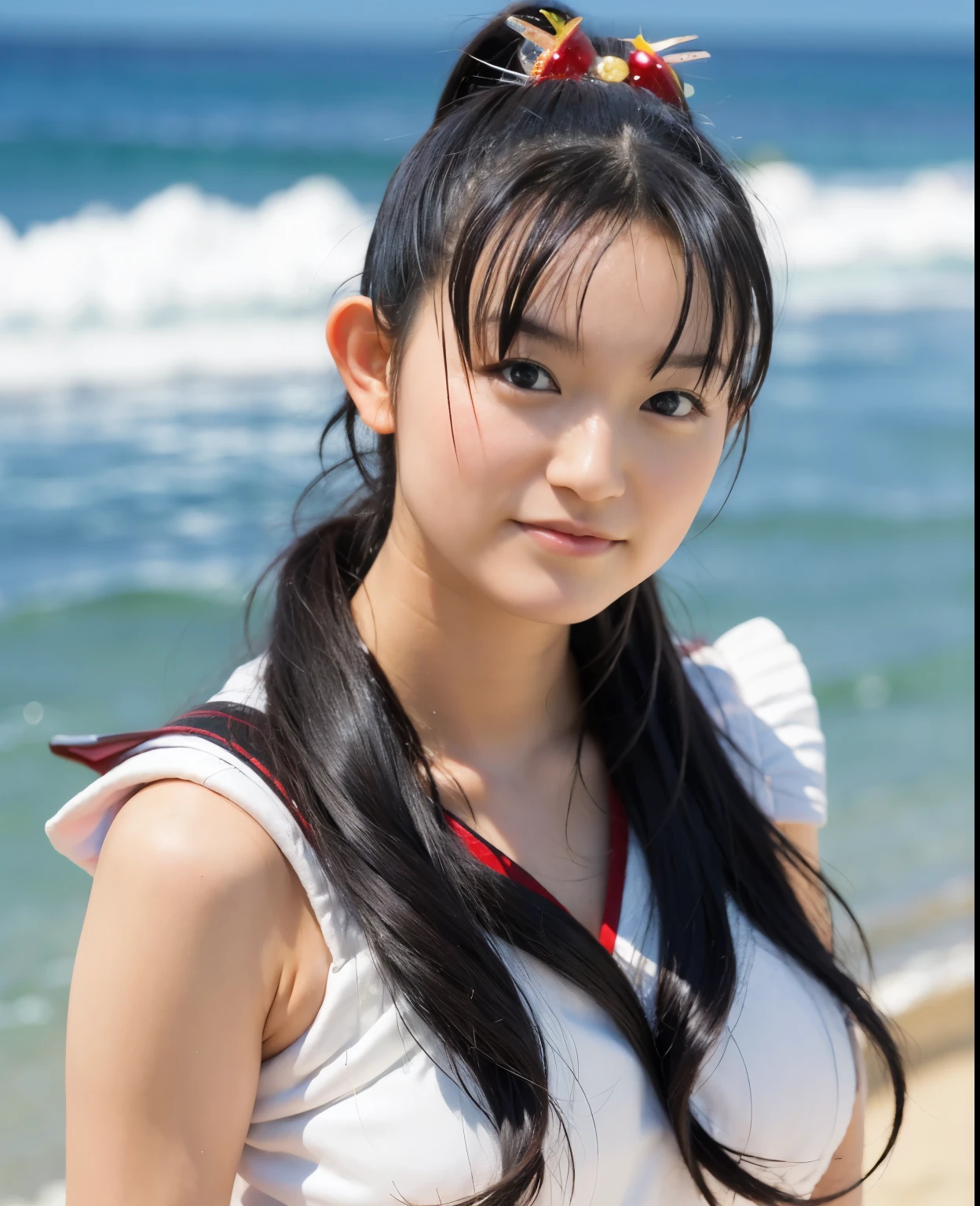 (highest quality:1.2),(perfect beautiful face:1.2),(perfect and beautiful posture:1.2),(japanese woman:1.1), On the beach in midsummer, smile, big breasts, (Chubby:1.0),Ultra-high precision photos,clear eyes, ((sailor_mars:1.1)),Tank top