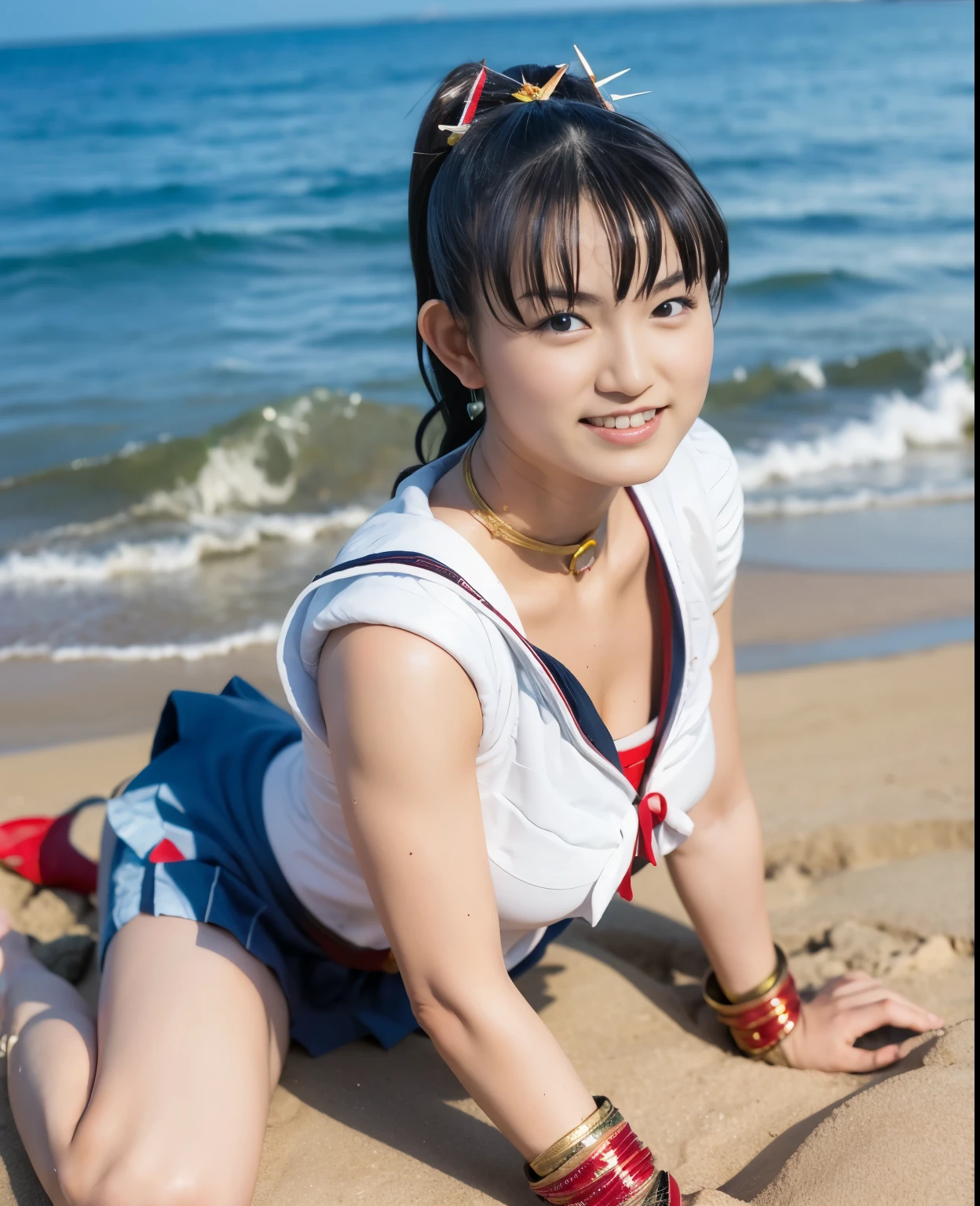 (highest quality:1.2),(perfect beautiful face:1.2),(perfect and beautiful posture:1.2),(japanese woman:1.1),ponytail, On the beach in midsummer, smile, big breasts, thick muscular body,Ultra-high precision photos,clear eyes, ((sailor moon costume:1.1))