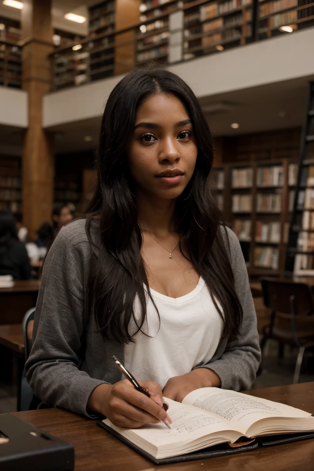 Beautiful ebony girl, very dark black skin, long black hair, library, 