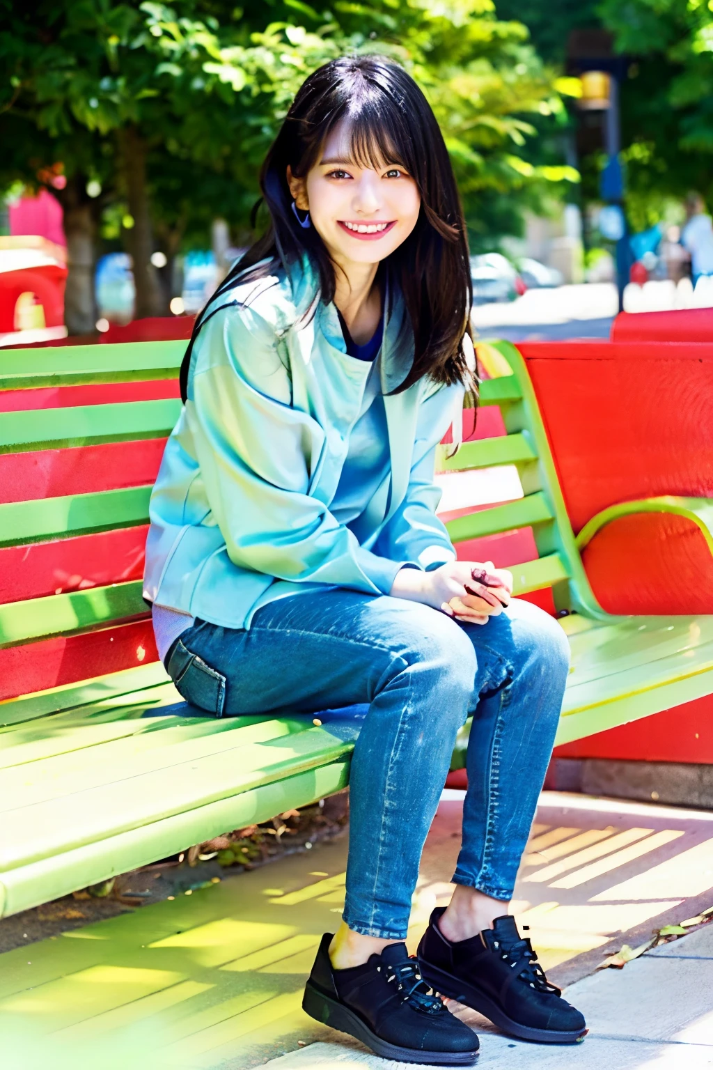 A neat and beautiful woman sitting on a park bench、black hair、Ｔshirt、skinny denim、sandals、nails on toenails、refreshing smile、smiling showing teeth、Hairstyle side tail、full body photo