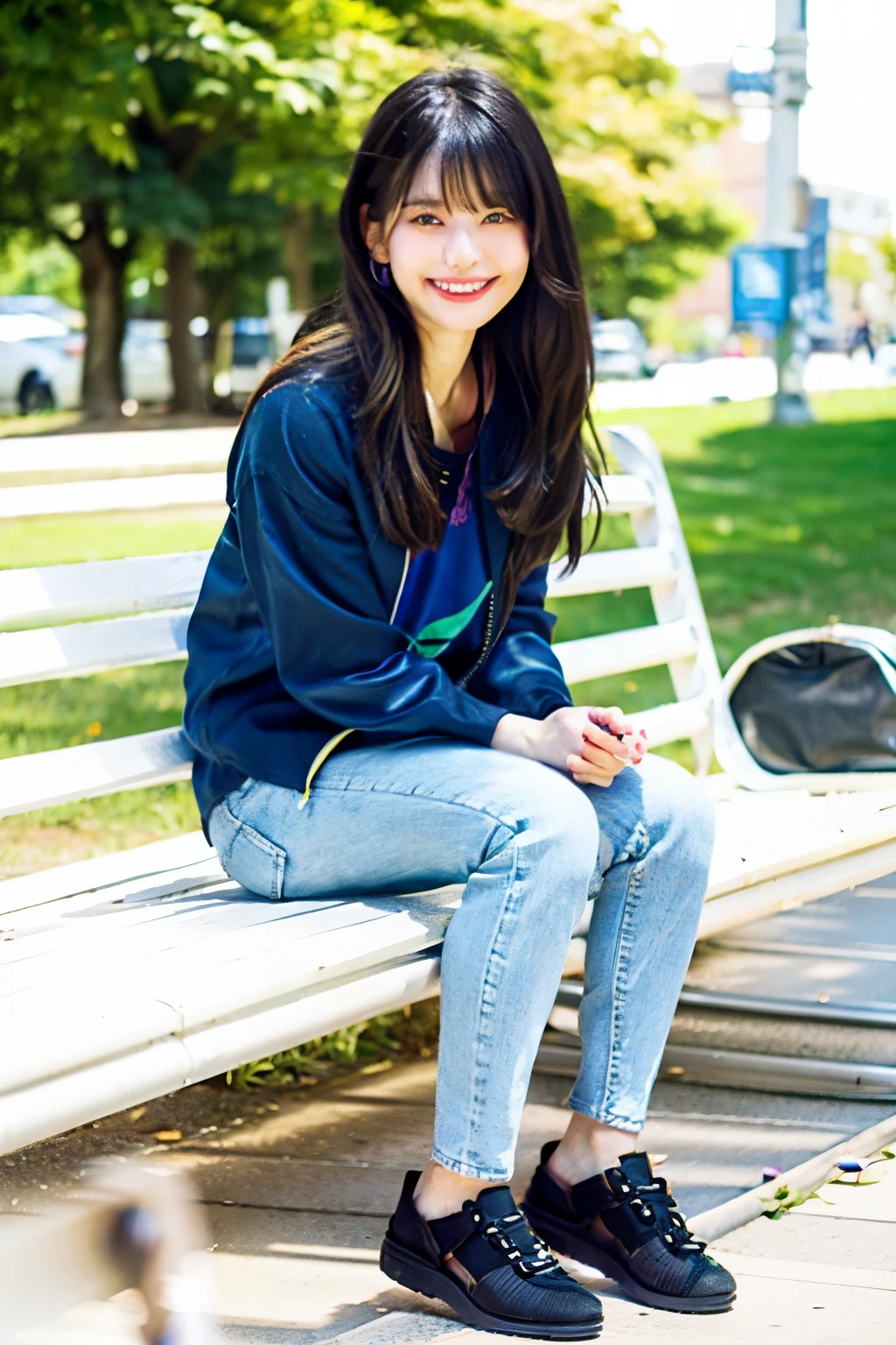 A neat and beautiful woman sitting on a park bench、black hair、Tshirt、skinny denim、sandals、nails on toenails、refreshing smile、smiling showing teeth、Hairstyle side tail、full body photo