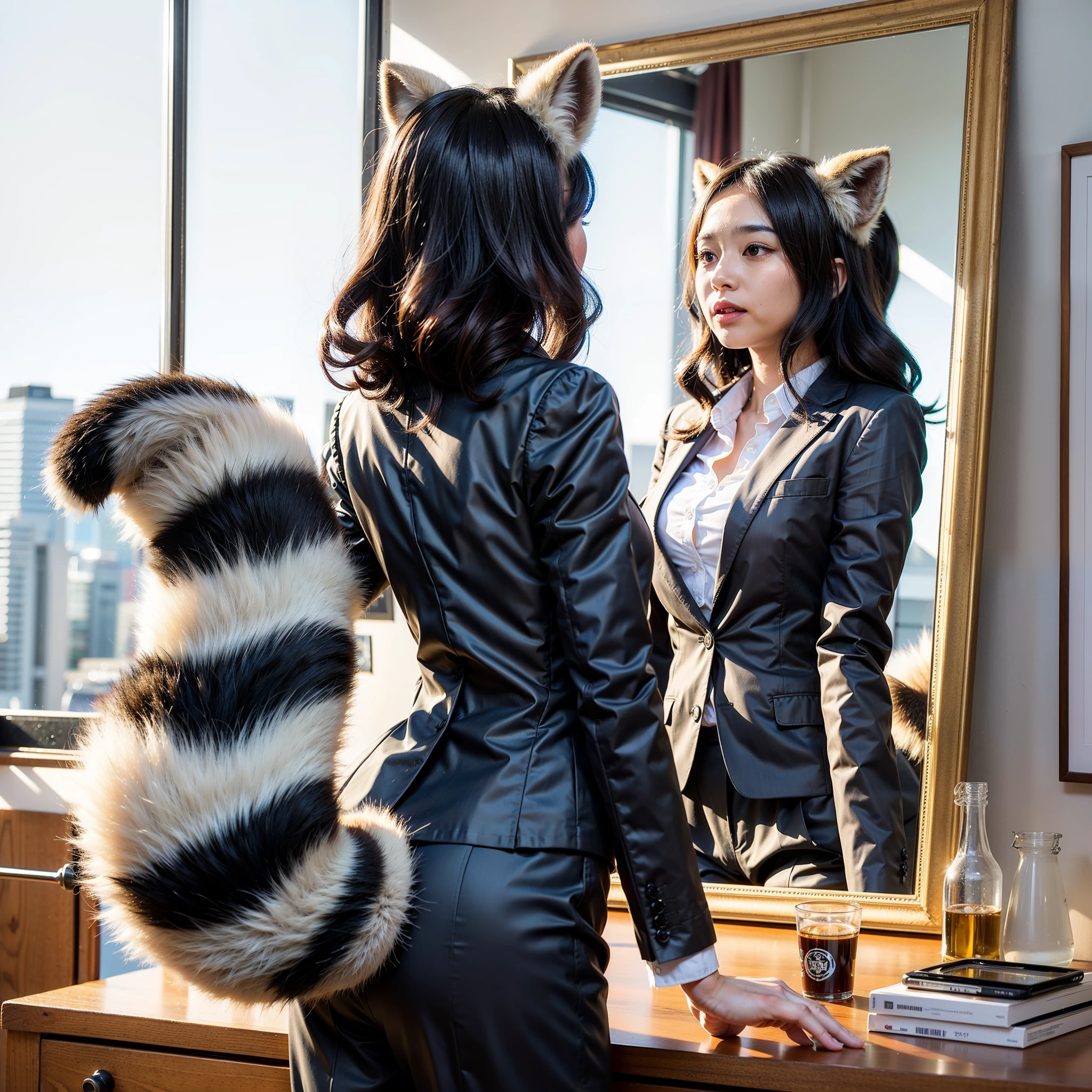 Girl in a business suit looking at herself in the mirror, pov furry art, anthropomorphic raccoon dog, (software) safe for work, commission, software version, high quality, anthro, commission on furaffinity, admire her own reflection, photograph, 最high quality, Bushy tail