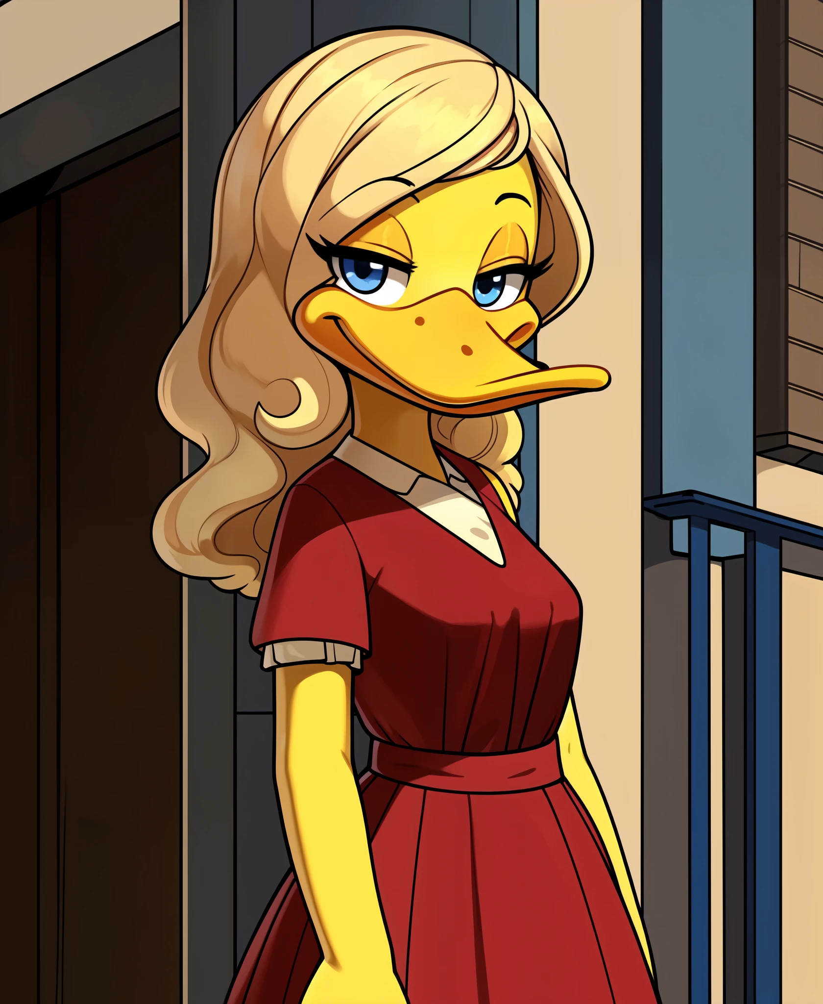 (by kyurisawa:1.2) (by chelodoy:1) (by ashraely:1) (anthro duck) (yellow hands:1.1) (Melissa Duck:1.2) (blond hair) (wavy hair) (60s hairstyles) (blue eyes) (narrowed eyes) (happy) (Red dress, clothing:1.2) (standing) (yellow skin) (solo:1.1) (orange beak) 