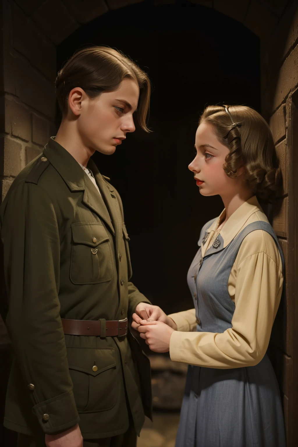 Molching, Germany, 1941. ((((25-year-old)) Max Vandenburg)), swampy eyes, thin, jew, cunning, crafty, sharp features, in the basement, talking with ((((11-year-old)) Liesel Meminger)), very thin, kind, big-hearted, dangerous dark eyes. ((((poor casual clothings from the 1940s)))).