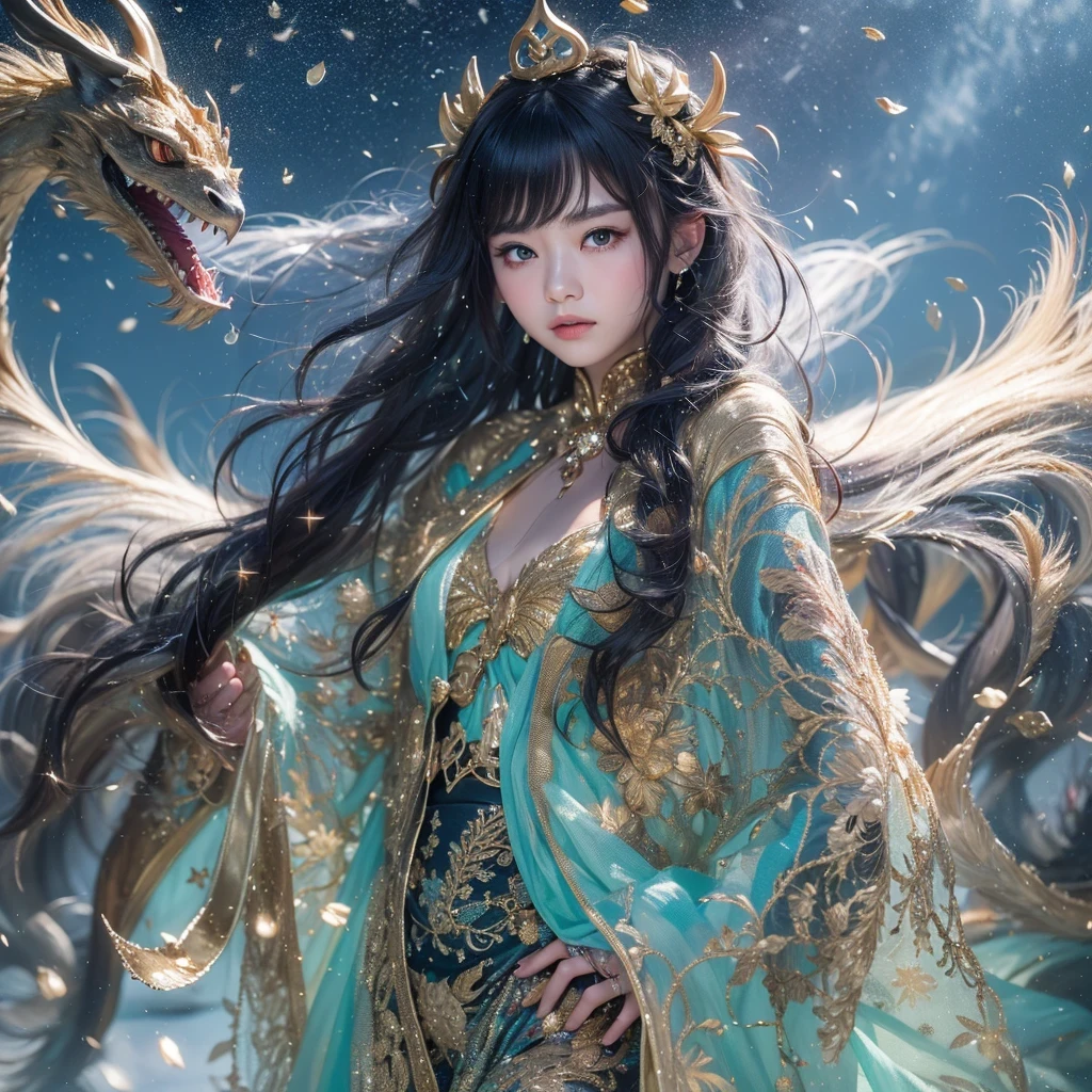*تحفة 8K, Top quality, Best quality, Official art, (Beauty and aesthetics: 1.3), Very detailed, (Fractal art: 1.3), Colorful, Ice and Chinese Dragon, Serpentine body, claw, Sky blue and 1 Woman, Media for women Han, Hanfu, Sky blue