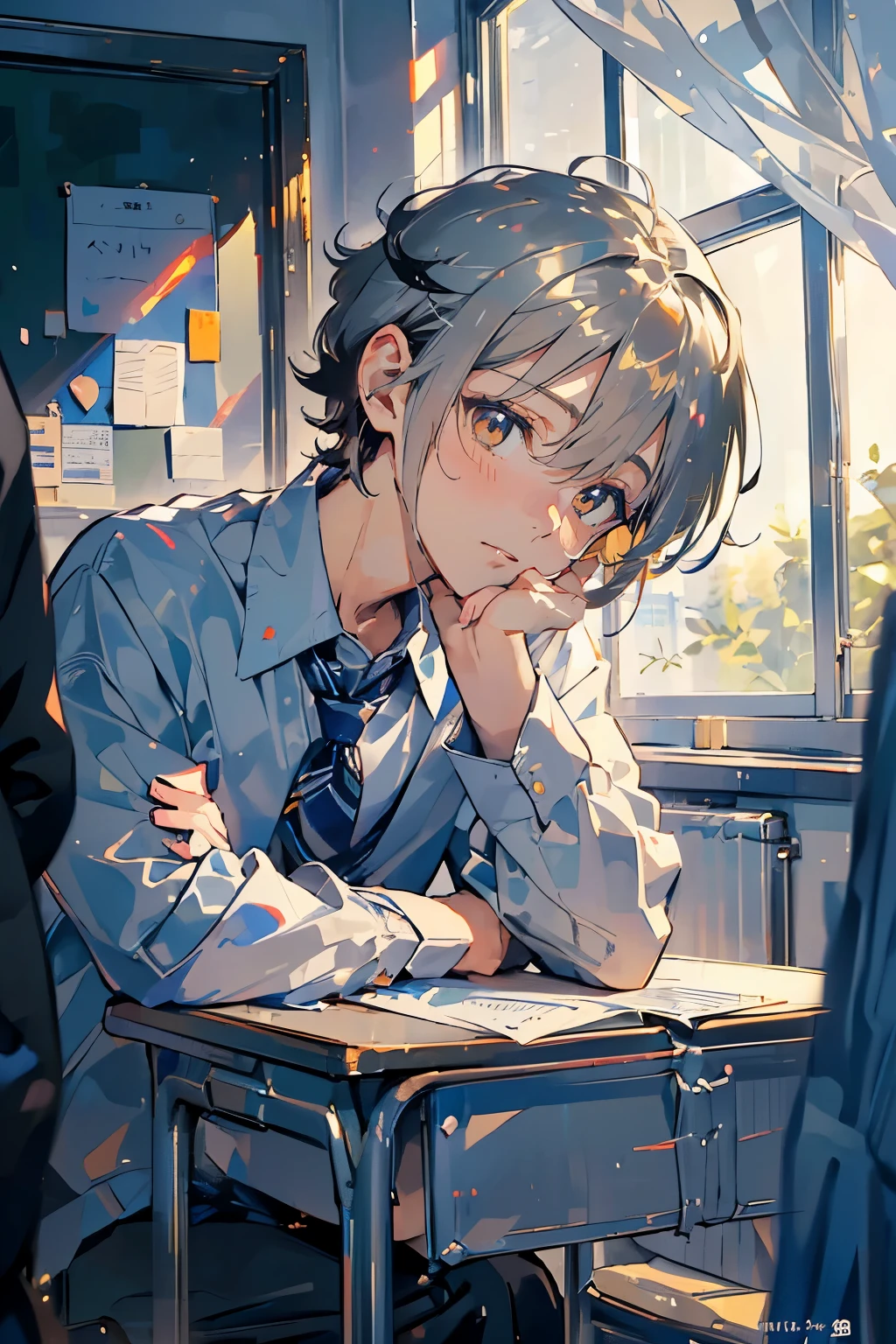 (muste piece), (best quality), very detailed, (((Two friendly high school boys:1.5))), perfect face, beautiful face, very detailed face,(short silver hair man:1.3),(Man with short black hair:1.3),School,classroom,student uniform,tie,long sleeve shirt