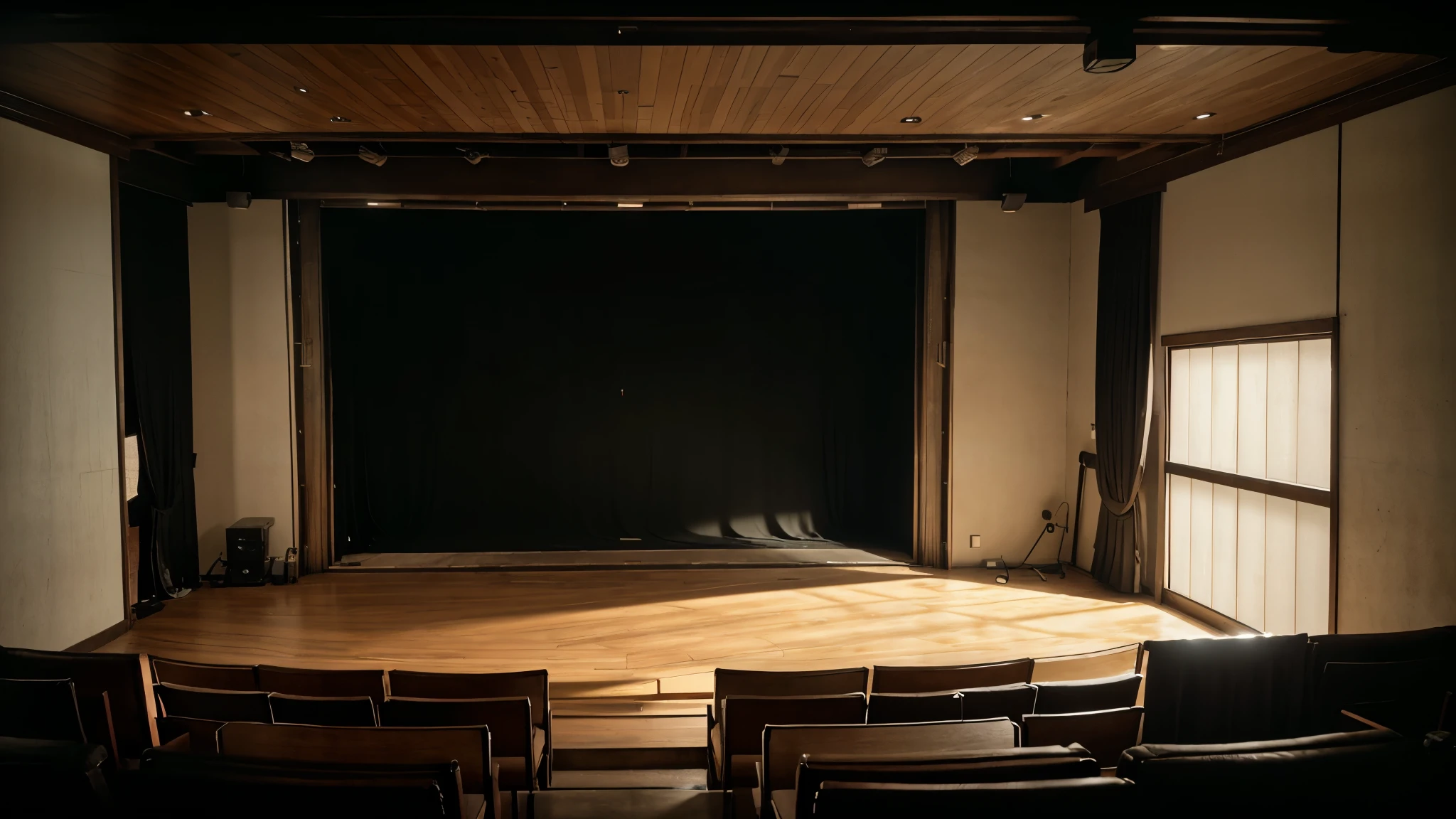 A Taiwanese cinema from the 1950s, featuring a three-story theater with elevated seating on the sides, a large movie screen occupying 30% of the space, cement Minnan-style window frames, a structure primarily composed of cement and wood, and a traditional wooden beam ceiling. The image is captured on real color film, with a black curtain.