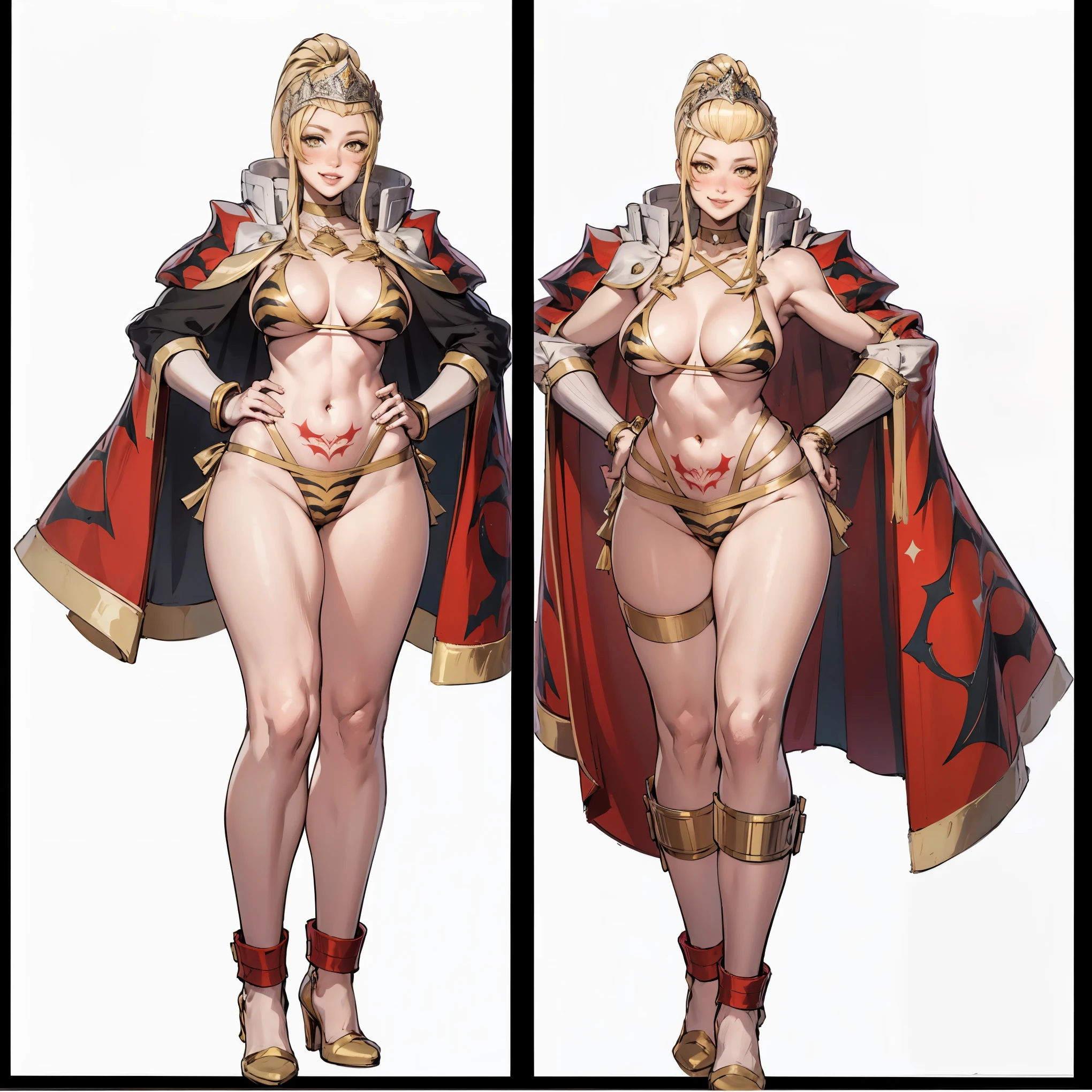 Two long thighs, yellow eyes, blonde hair, short hair, large breasts, detached sleeves, very white background, royal tiara, long cape, yellow tiger bikini, high heels, hands on hips. red tattoo on belly navel, full body female MILF BIMBO, lustful smirking smile face (red blush), metal shoulders, golden bracers sleeveless, black choker sex slave, white background
