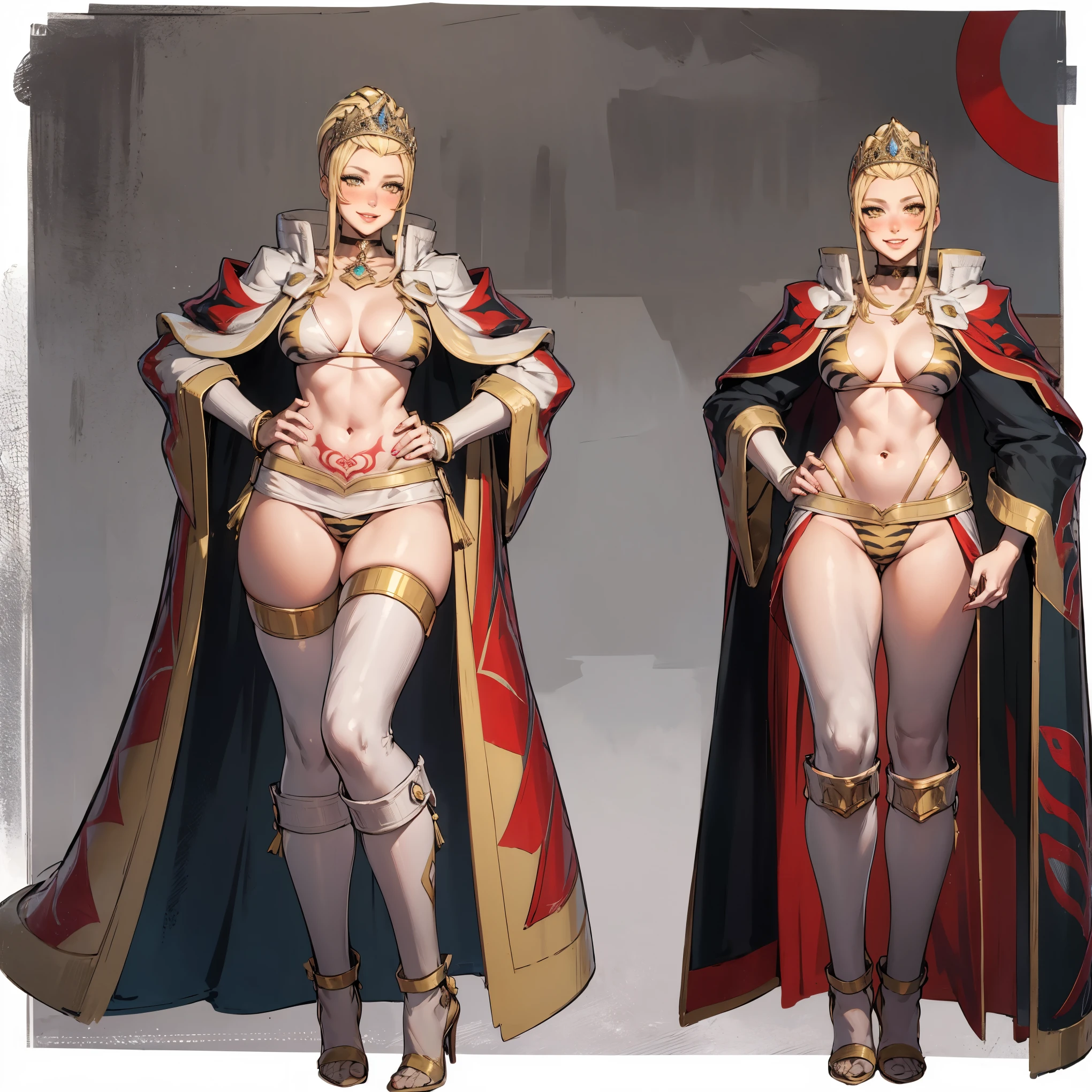 Two long thighs, yellow eyes, blonde hair, short hair, large breasts, detached sleeves, very white background, royal tiara, long cape, yellow tiger bikini, high heels, hands on hips. red tattoo on belly navel, full body female MILF BIMBO, lustful smirking smile face (red blush), metal shoulders, golden bracers sleeveless, black choker sex slave, white background