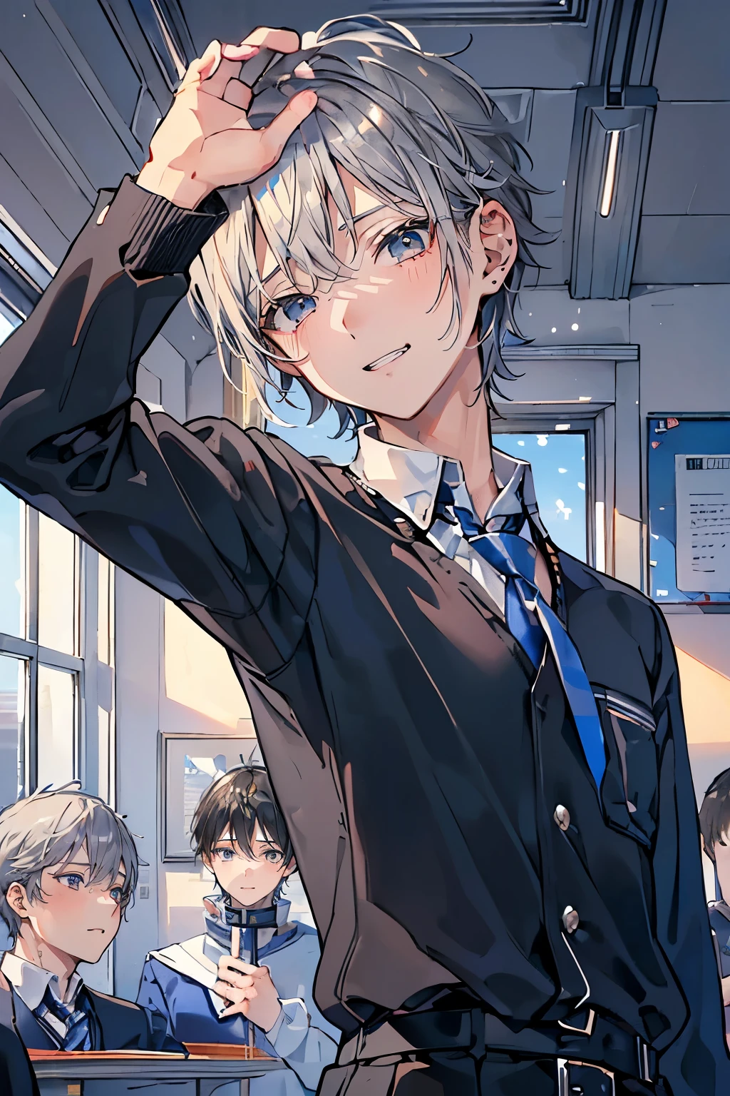 (muste piece), (best quality), very detailed, (((Two friendly high school boys:1.5))), perfect face, beautiful face, very detailed face,(short silver hair man:1.3),(Man with short black hair:1.3),School,classroom,student uniform,tie,long sleeve shirt