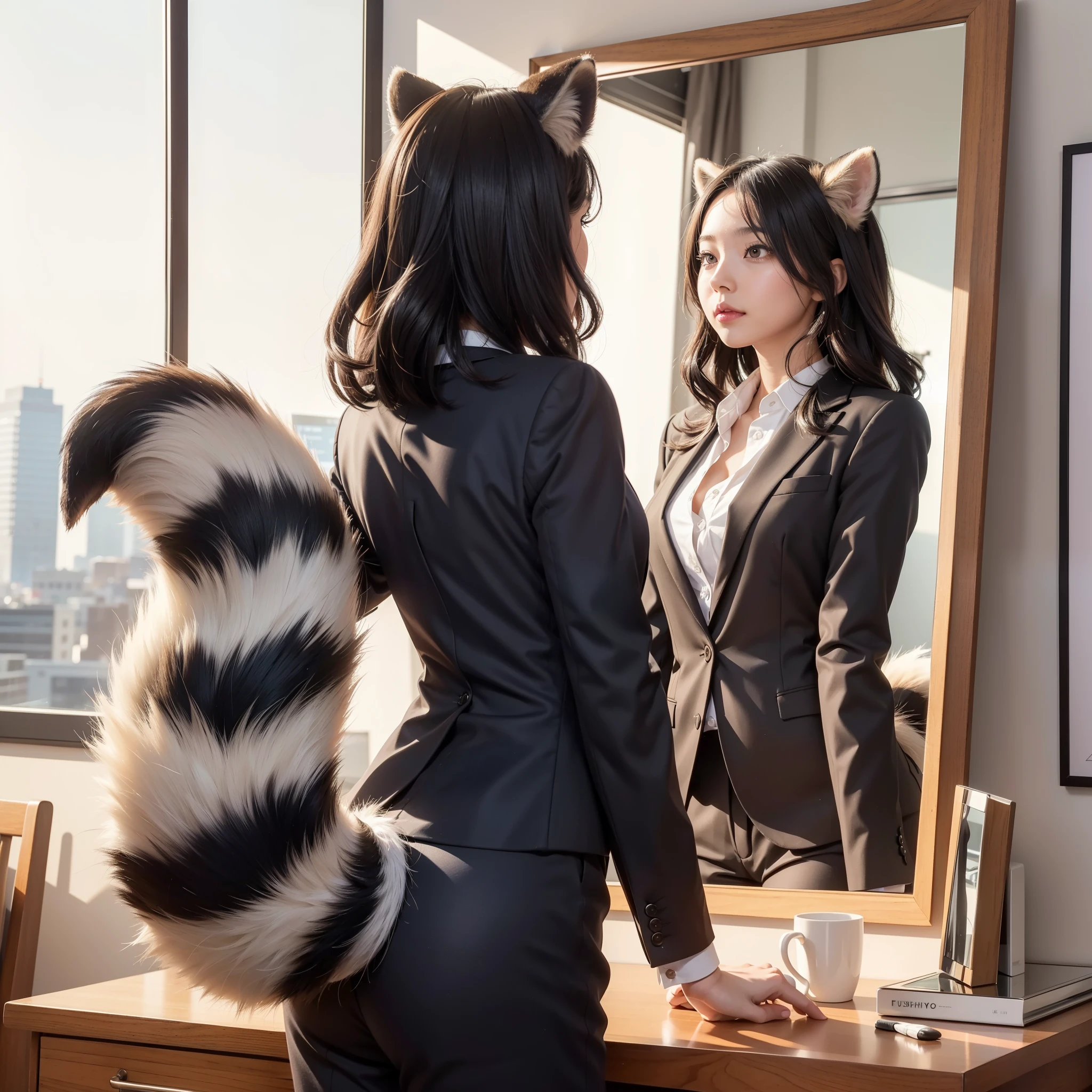 Girl in a business suit looking at herself in the mirror, pov furry art, anthropomorphic raccoon dog, (software) safe for work, commission, software version, high quality, anthro, commission on furaffinity, admire her own reflection, photograph, 最high quality, Bushy tail