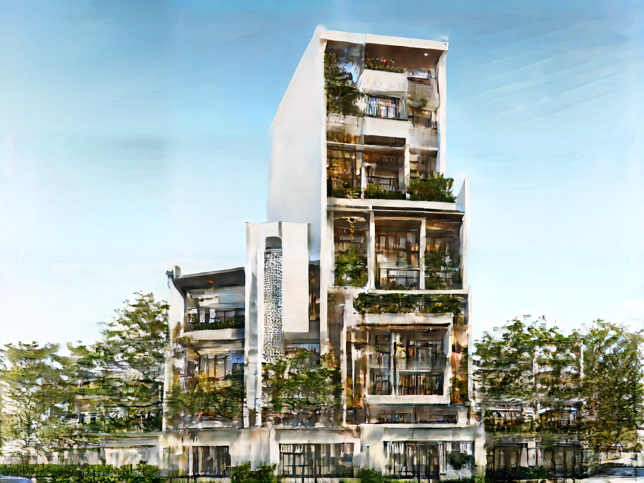 (Townhouse in city ,close houses and trees), (indochine style architecture) daylight ( best quality) ((high solution)) ,(( photo realistic)) ,warm light,  soft lighting, warm atmosphere,high Resolution, hyper detailed,4k ,vray render, octane render, hyper realistic, photography expert ,exterior design , professional photography, exterior photography,wide-angle shot , ultra detail , high Resolution , full frame, full body