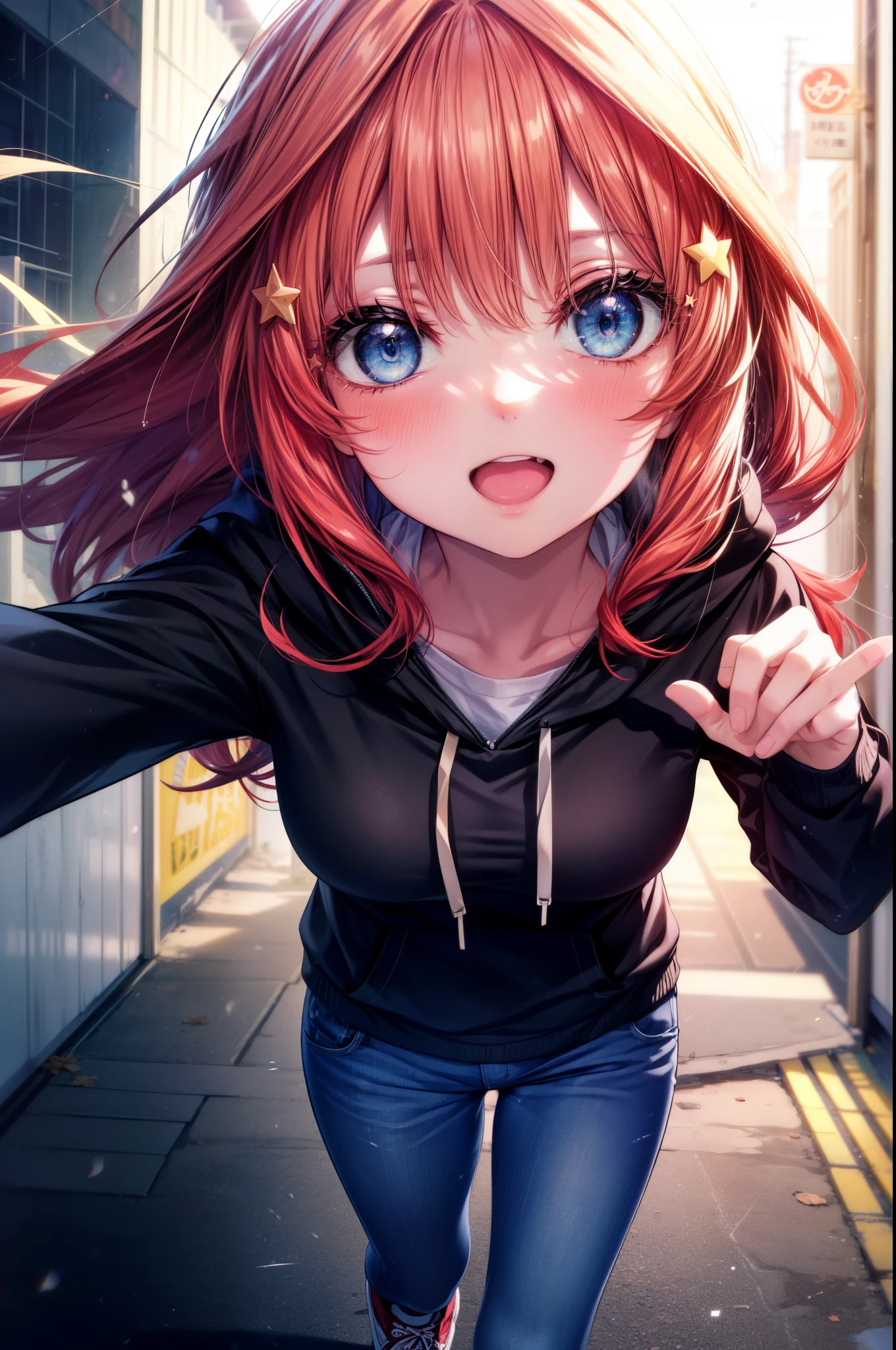 itsukinakano, Itsuki Nakano, bangs, blue eyes, hair between eyes, Ahoge, redhead, star \(symbol\), hair ornaments, star hair ornaments,red oversized hoodie,short denim,black pantyhose,high cut sneakers,smile,blush,(great laugh:1.1), (open your mouth:1.1), (wide open eyes:1.2), glare of the sun, Bokeh, Depth of the bounds written, blurred background, particles of light, strong wind, (heart particles:1.1),whole body,
break outdoors, In town,Destroy the building area (masterpiece:1.2), highest quality, High resolution, unity 8k wallpaper, (figure:0.8), (detailed and beautiful eyes:1.6), highly detailed face, perfect lighting, Very detailed CG, (perfect hands, perfect anatomy),