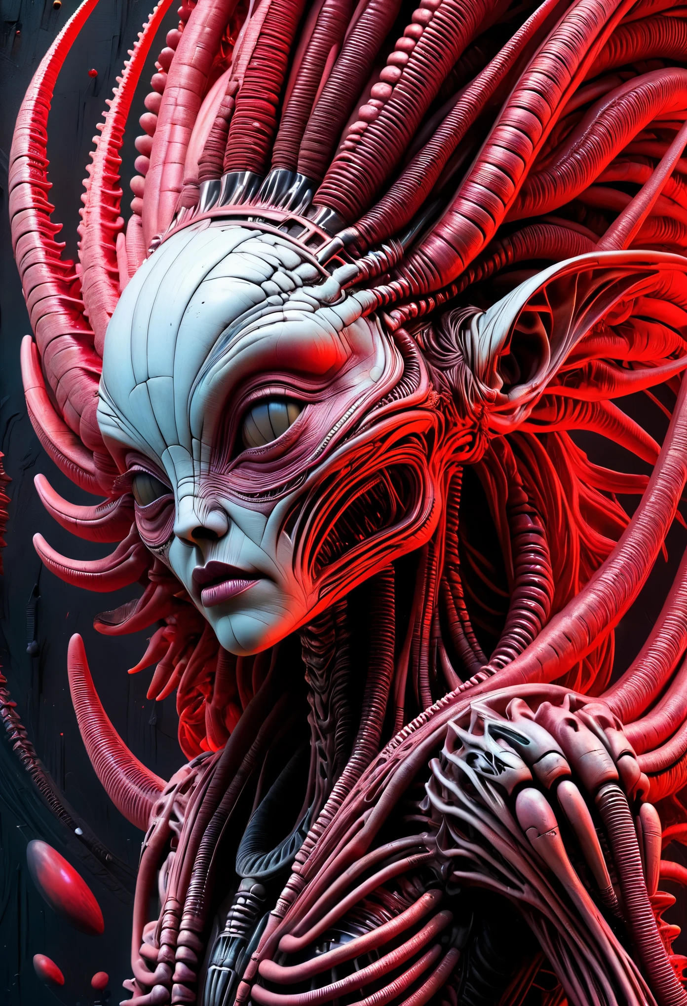 BORG ALIEN QUEEN, Bizarre Human, DYNAMIC, Masterful RED Palettee RICH Colors Pale Skin, CUTE Face, Concept Design, Oil Paint ART, Textured, Dark, DARK Abstract Background Horror SURREALISM, HR GEIGER