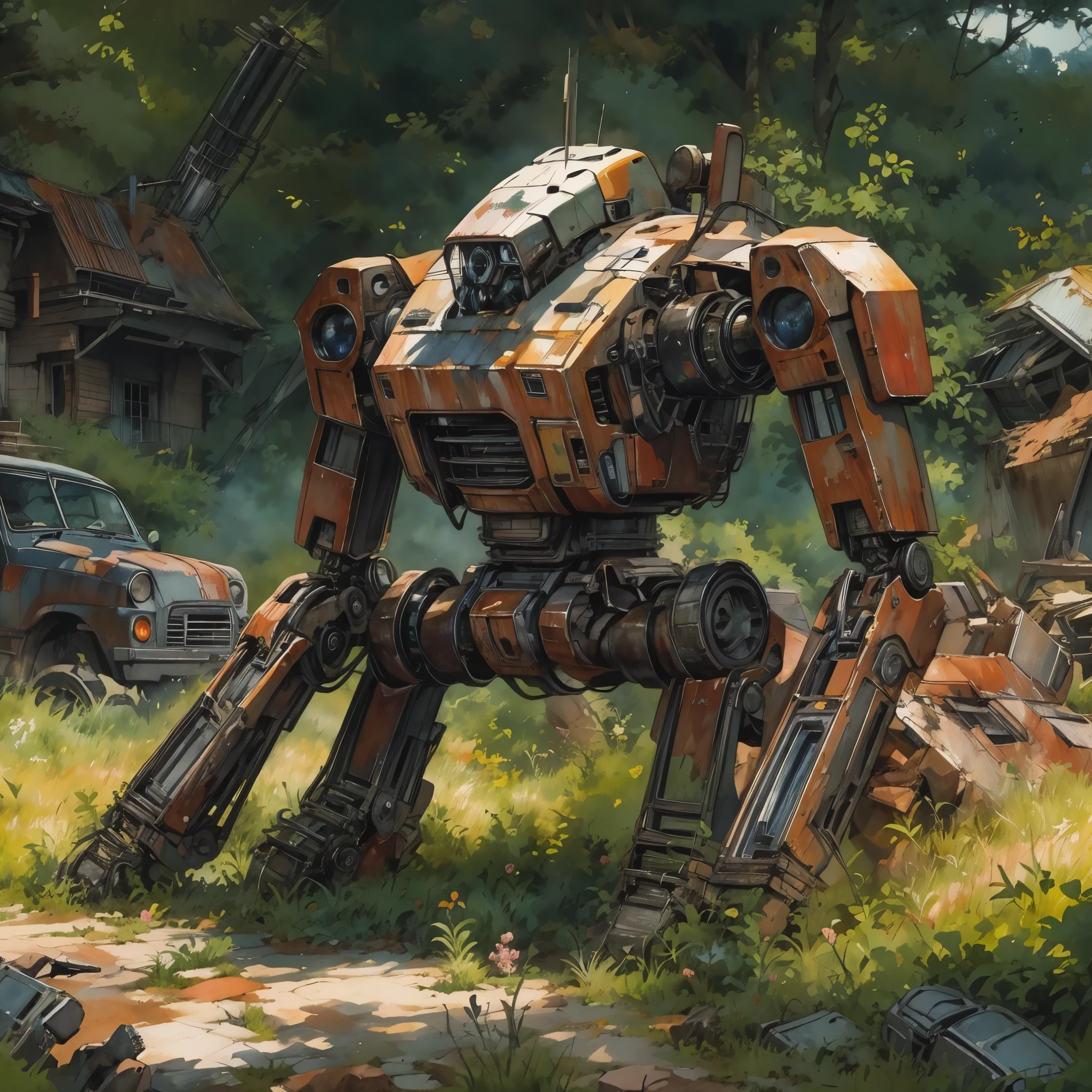 rusty Mecha, dead laying mecha, Abandoned Mech, {broken mecha:1.5}, in junkyard, scrapped, bushes, grass, {rusted. rust, rusty:1.5}, (anime:1.9), (watercolor, high detail, cinematic lighting, god rays, ray tracing, reflection light, backlighting, drop shadow, bokeh, UHD, retina, masterpiece, anatomically correct, super detail, high details, high quality, highres, best quality, 4K, 1080P, 8k