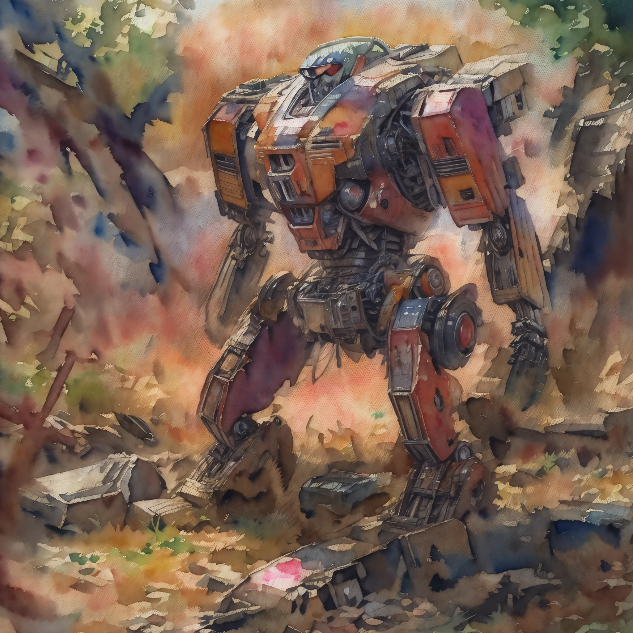 rusty Mecha, dead laying mecha, Abandoned Mech, {broken mecha:1.5}, in junkyard, scrapped, bushes, grass, {rusted. rust, rusty:1.5}, (anime:1.9), (watercolor, high detail, cinematic lighting, god rays, ray tracing, reflection light, backlighting, drop shadow, bokeh, UHD, retina, masterpiece, anatomically correct, super detail, high details, high quality, highres, best quality, 4K, 1080P, 8k