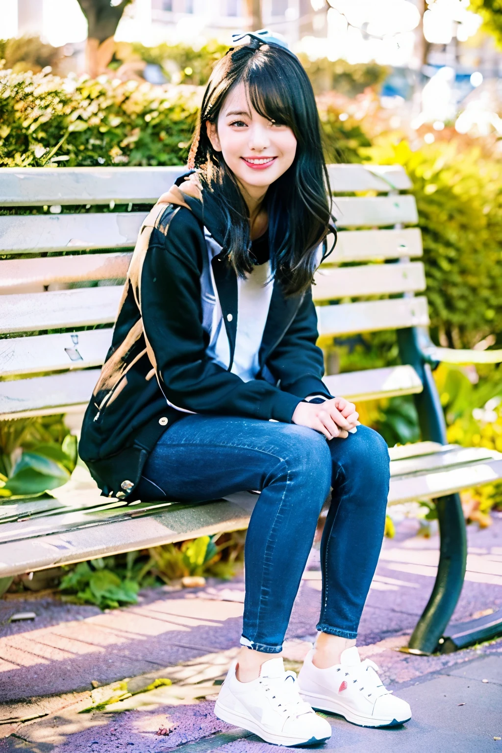 A neat and beautiful woman sitting on a park bench、black hair、hoodie、skinny denim、sneakers、socks slightly visible through shoes、refreshing smile、smiling showing teeth、full body photo、hat