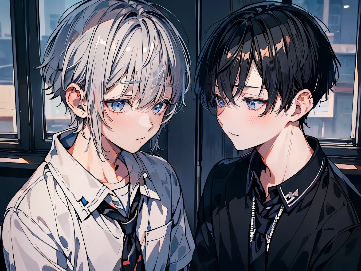 (muste piece), (best quality), very detailed, (((Two friendly high school boys:1.5))), perfect face, beautiful face, very detailed face,(short silver hair man:1.3),(Man with short black hair:1.3),School,classroom,student uniform,tie,long sleeve shirt