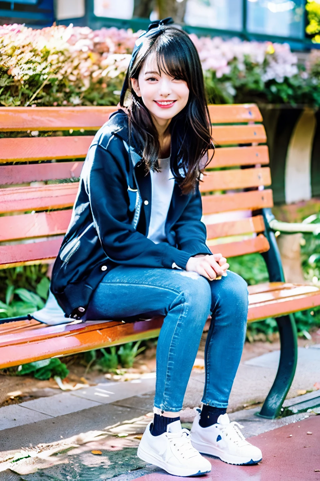 A neat and beautiful woman sitting on a park bench、black hair、hoodie、skinny denim、sneakers、socks slightly visible through shoes、refreshing smile、smiling showing teeth、full body photo、hat