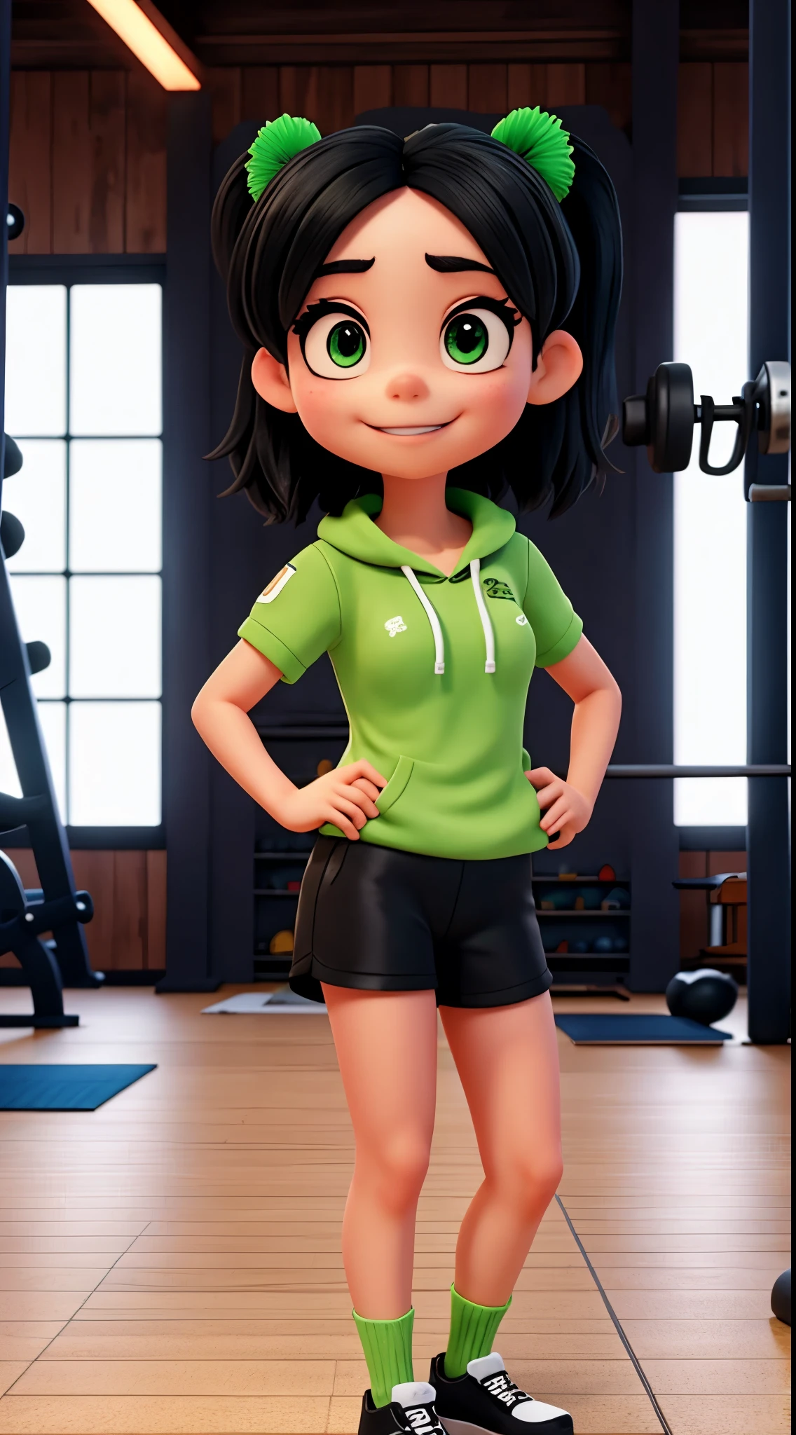 (Tsuyu Asui), gym, perfect eyes, five finger, Short, black hair.