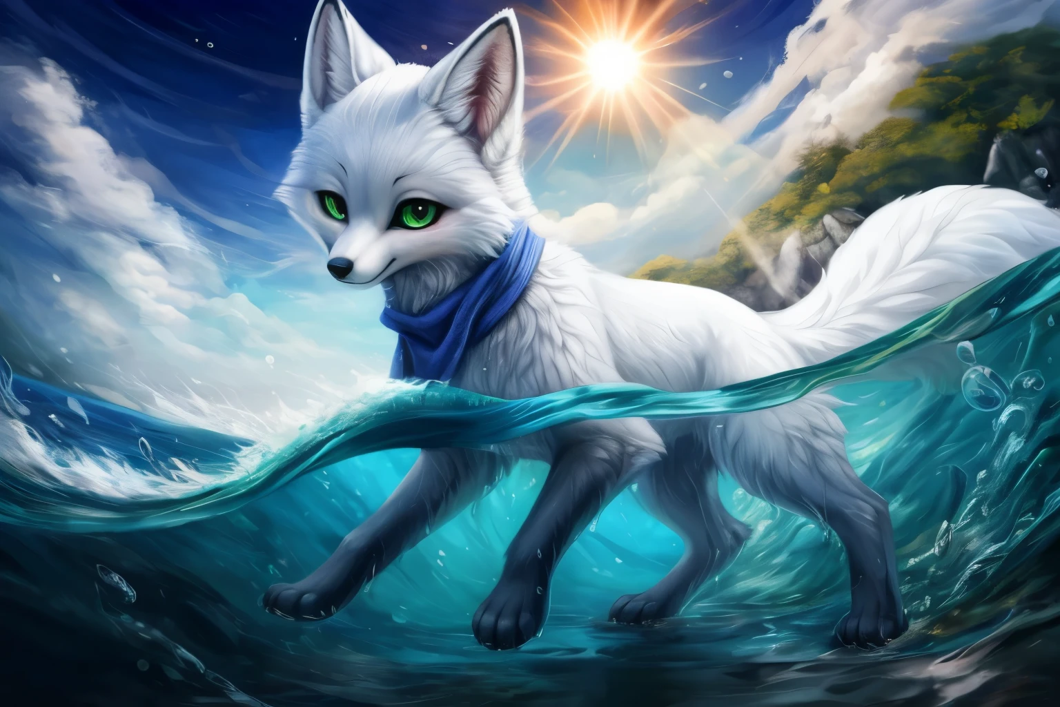 a close up of a white fox with green eyes(big black pupils, green eyes, white sclera) in water, white - haired fox, very very beautiful furry art, white fox anime, white fox, furry fantasy art, cute detailed digital art, adorable digital painting, ethereal fox, kitsune three - tailed fox, vampire white fox, fursona art, art of silverfox, kitsune, fluffy tail, blue scarf, partially immersed, wet fur, wet haired white fox, high details, hd, masterpiece, oil painted, accurate contours, photorealistic, breathtaking, matched eyes