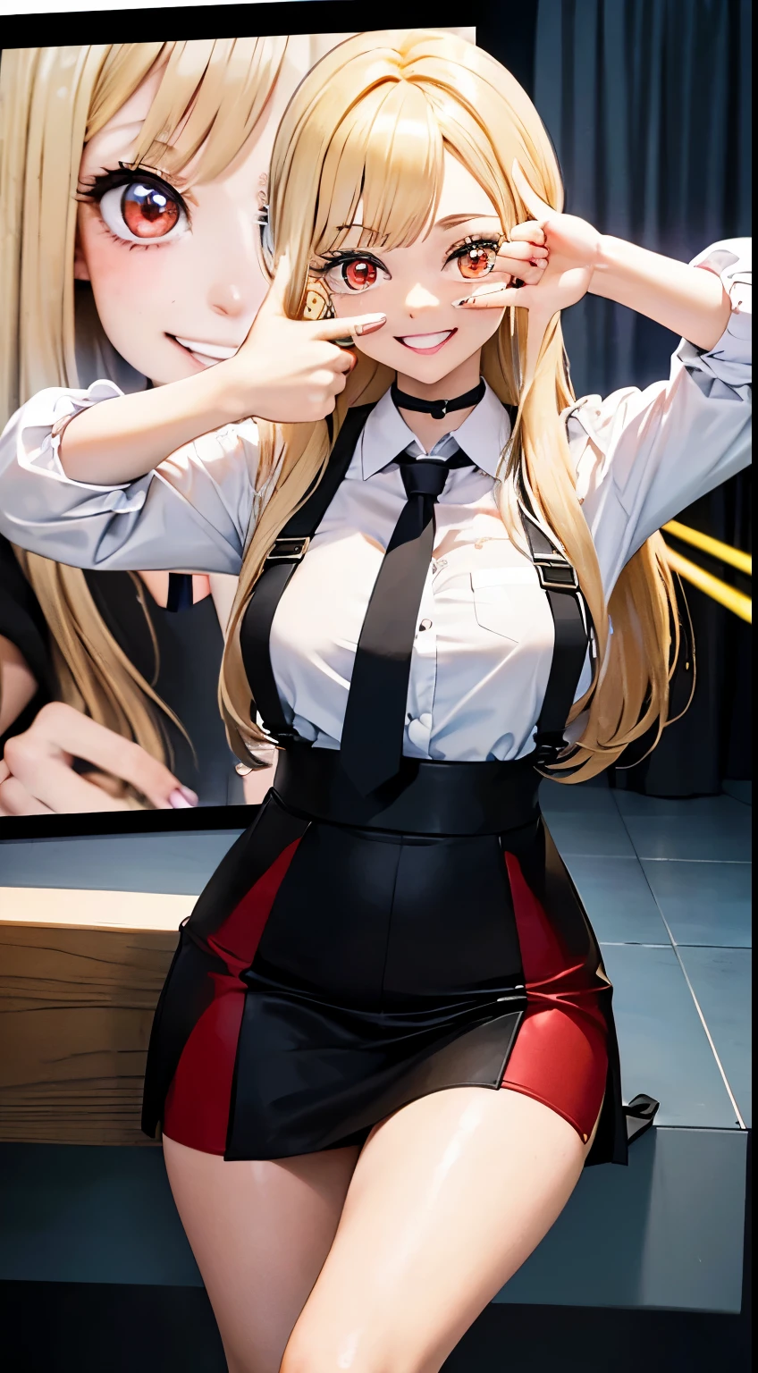 (1girl:1.5), marinkitagawa, marin kitagawa, blonde hair, choker, ear piercing, earrings, long hair, piercing, (red eyes:1.5), straight hair, swept bangs, black necktie, (school uniform:1.1), cleavage, indoors, (photo studio, fashion podium:1.5), looking at viewer, (masterpiece:1.2), best quality, high resolution, unity 8k wallpaper, (illustration:0.8), (beautiful detailed eyes:1.6), extremely detailed face, perfect lighting, extremely detailed CG, (perfect hands, perfect anatomy), (pose finger frame:1.5), (smiles, winks, laughs: 1.5)