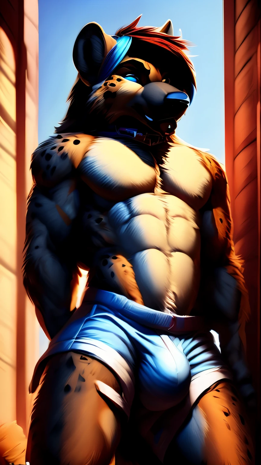 ((Male)), Hyena, realistic drawing, body(ripped, toned, hot), clothes(shorts). Detailed fur, detailed spots(hyena spots), bestest illumination, blue eyes, shorts bulge, dick and balls bulge,