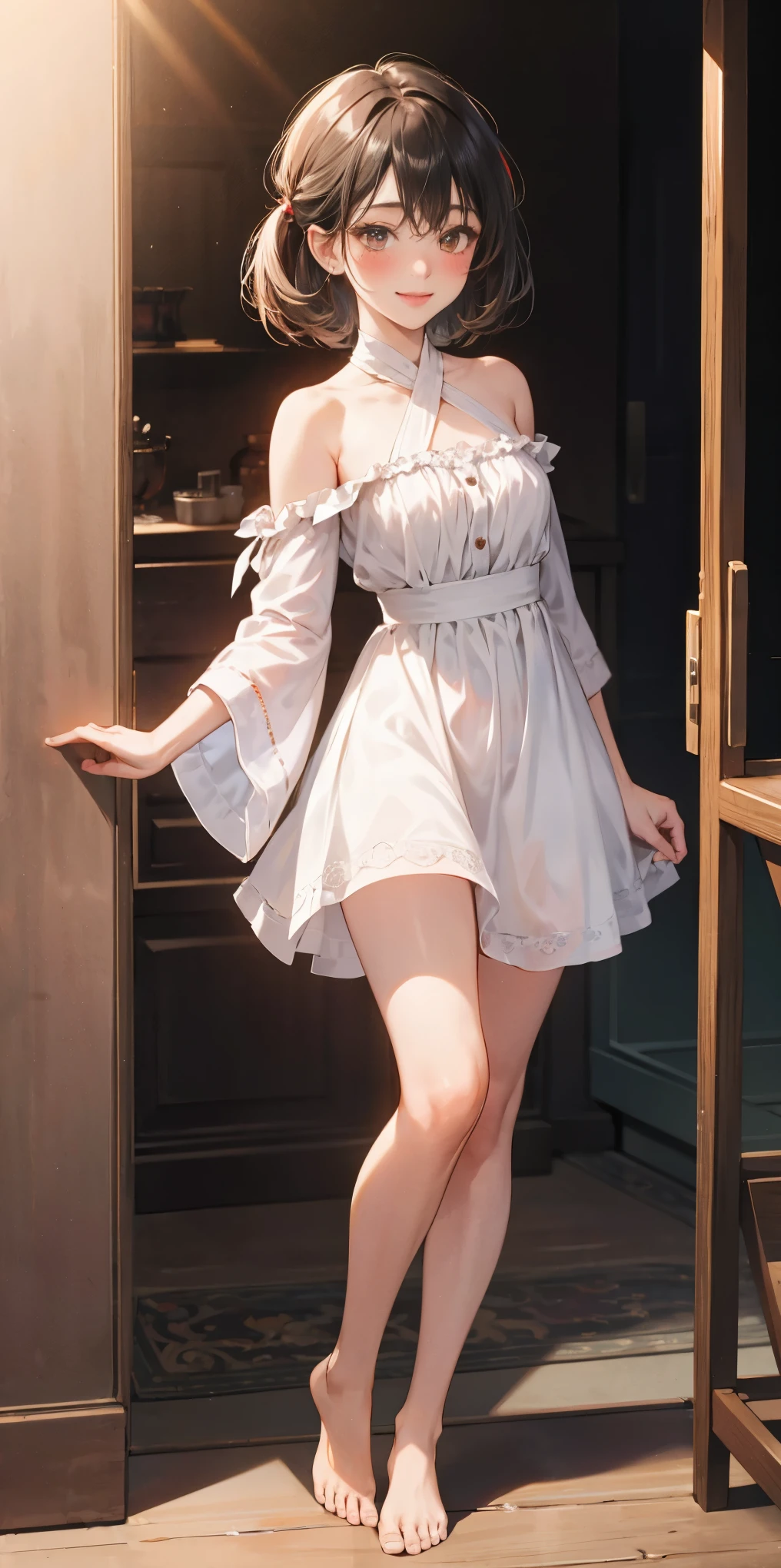 Body position: Standing, straight, symmetrical, barefoot, Lustful smile on face with red blush, 1girl