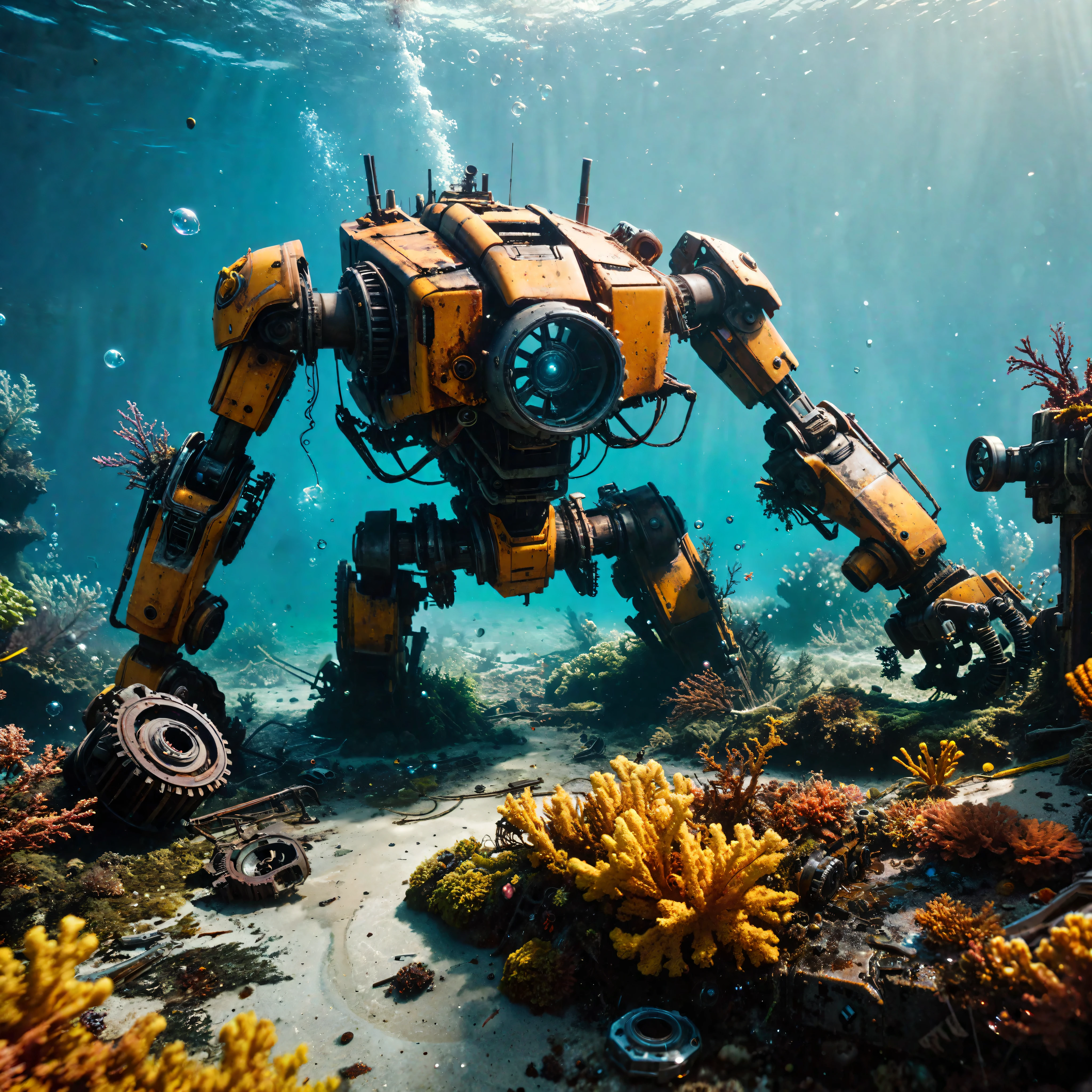 ((Masterpiece in maximum 16K resolution):1.6),((soft_color_photograpy:)1.5), ((Ultra-Detailed):1.4),((Movie-like still images and dynamic angles):1.3). | (Cinematic photo of a remains of broken mech arms laying down at bottom of the sea), (cinematic lens), (overgrown reef), (abandoned mech), (broken machine), (machine parts everywhere), (oil leaks), (rust), (bubbles), (shimmer), (visual experience), (Realism), (Realistic), award-winning graphics, dark shot, film grain, extremely detailed, Digital Art, rtx, Unreal Engine, scene concept anti glare effect, All captured with sharp focus.