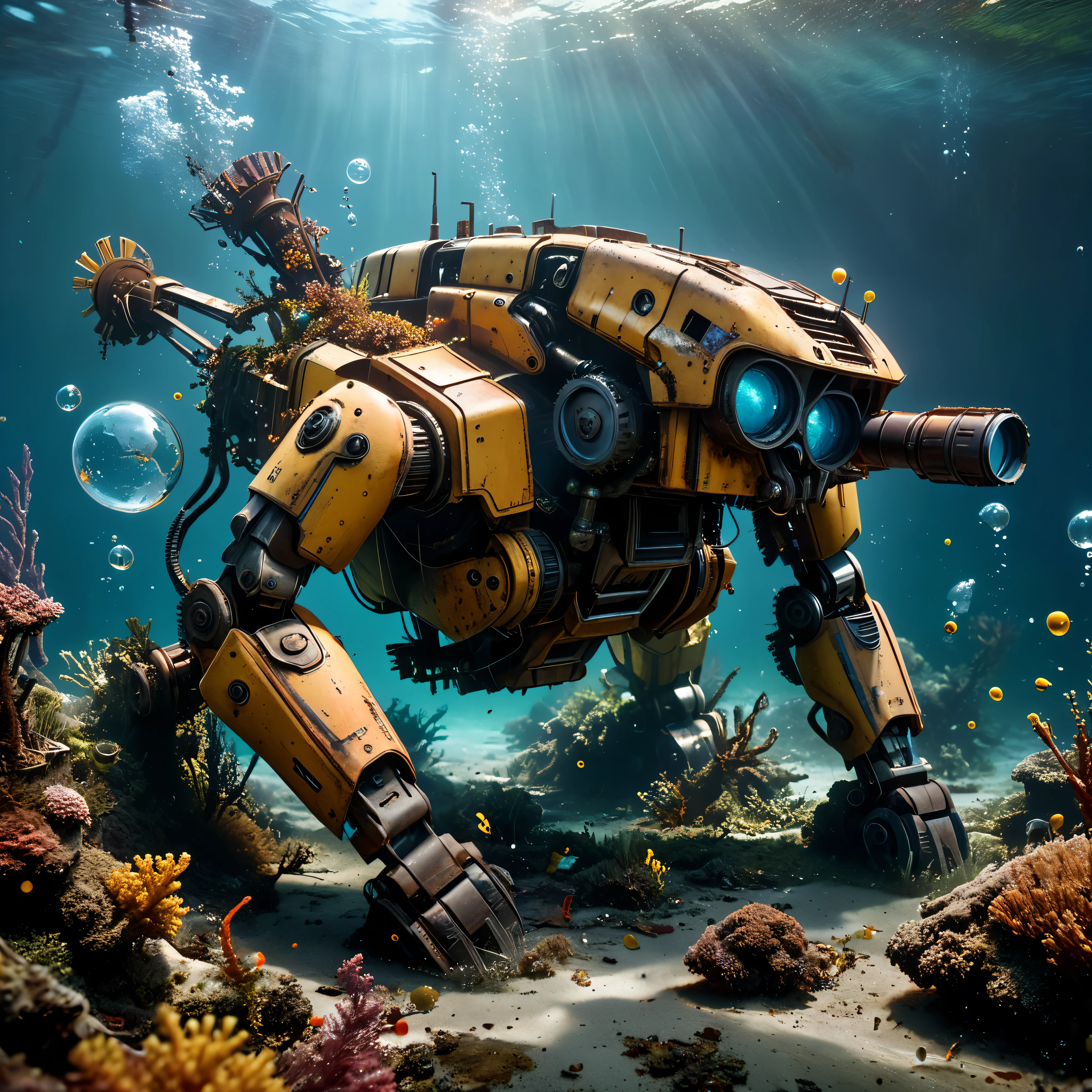 ((Masterpiece in maximum 16K resolution):1.6),((soft_color_photograpy:)1.5), ((Ultra-Detailed):1.4),((Movie-like still images and dynamic angles):1.3). | (Cinematic photo of a remains of broken mech arms laying down at bottom of the sea), (cinematic lens), (overgrown reef), (abandoned mech), (broken machine), (machine parts everywhere), (oil leaks), (rust), (bubbles), (shimmer), (visual experience), (Realism), (Realistic), award-winning graphics, dark shot, film grain, extremely detailed, Digital Art, rtx, Unreal Engine, scene concept anti glare effect, All captured with sharp focus.