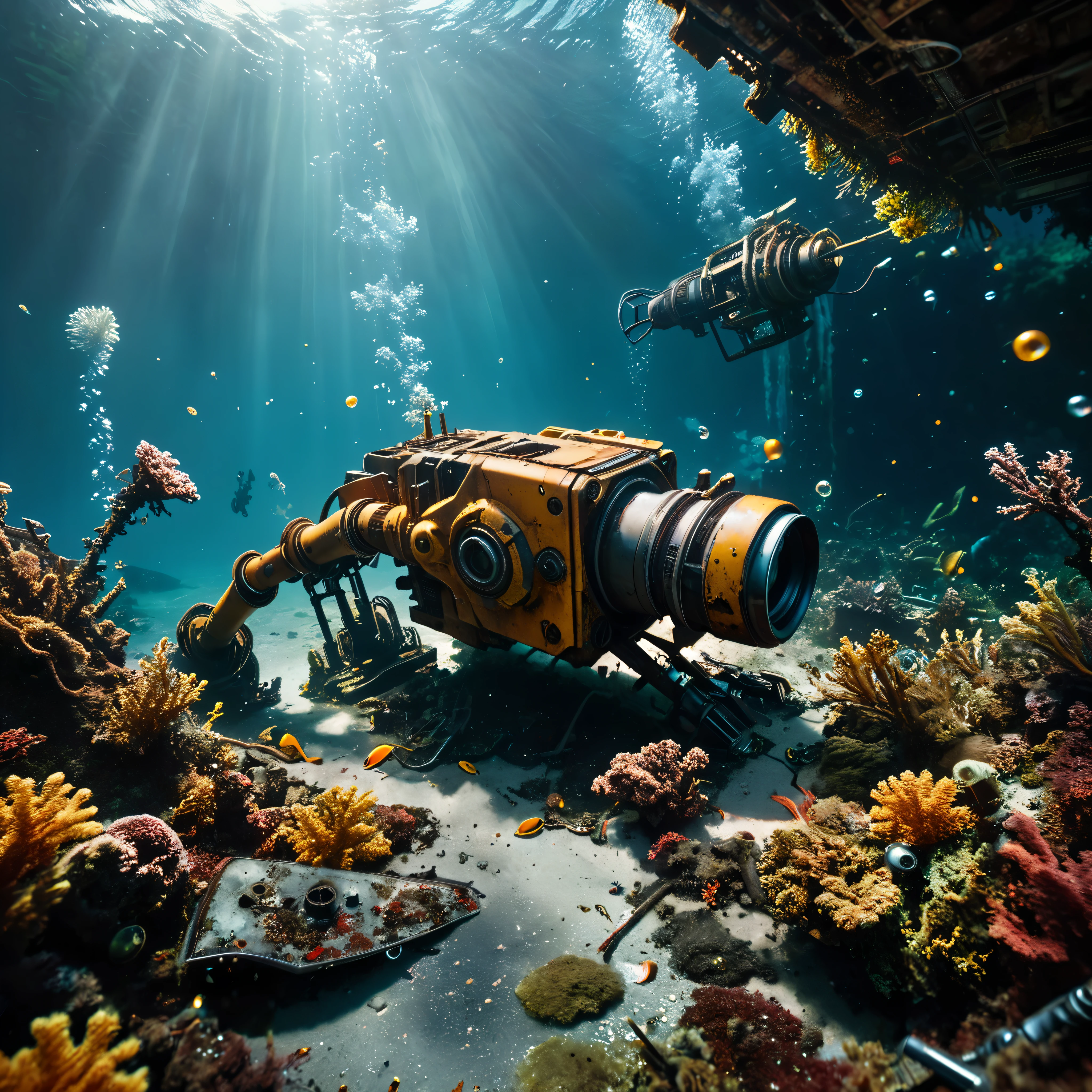 ((Masterpiece in maximum 16K resolution):1.6),((soft_color_photograpy:)1.5), ((Ultra-Detailed):1.4),((Movie-like still images and dynamic angles):1.3). | (Cinematic photo of a remains of broken mech arms laying down at bottom of the sea), (cinematic lens), (overgrown reef), (abandoned mech), (broken machine), (machine parts everywhere), (oil leaks), (rust), (bubbles), (shimmer), (visual experience), (Realism), (Realistic), award-winning graphics, dark shot, film grain, extremely detailed, Digital Art, rtx, Unreal Engine, scene concept anti glare effect, All captured with sharp focus.