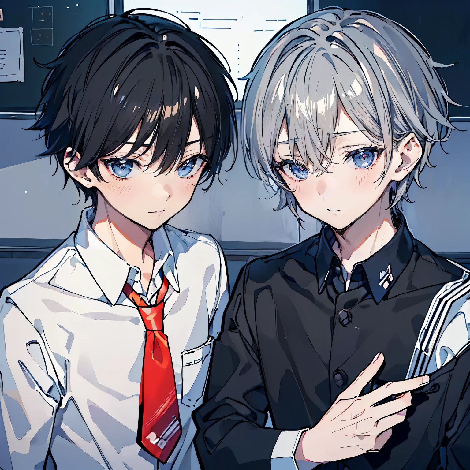 (muste piece), (best quality), very detailed, (((Two friendly high school boys:1.5))), perfect face, beautiful face, very detailed face,(short silver hair man:1.3),(Man with short black hair:1.3),School,classroom,student uniform,tie,long sleeve shirt