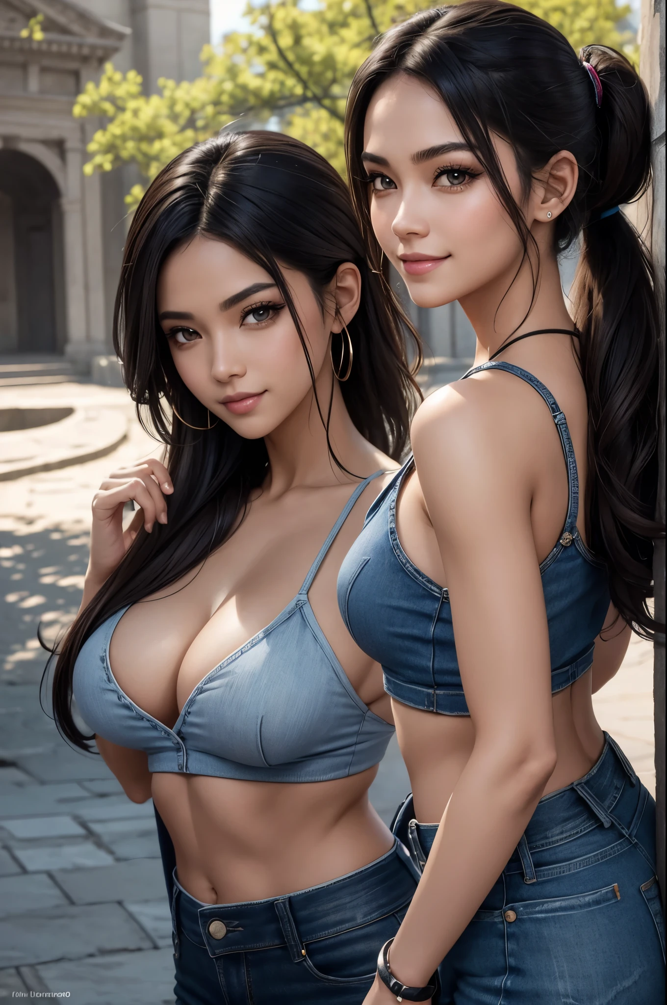 8K,Twin sisters wearing casual clothes,Super beautiful(like the real thing),My sister is short and has a glamorous figure.,sexy,sharp eyes,black eyes,cool smile,long black perm,black jeans,Makeup,super realistic skin,My sister is tall and has a muscular, slim body.,Violent and strongly cracked abdominal muscles,Big eyes,black eyes,flashy brown ponytail,派手なMakeup,blue jeans,A bold smile,masterpiece,Photorealistic RAW photos of the highest quality。bright colors,rich colors, Backlight, cinematic lighting, film grain, to be born, 50mm lens, Nikon D850,detailed character art,fantasy art,ultra high resolution,super realistic skin,Perfect hand shape,In front of the abandoned temple,beautiful expression,