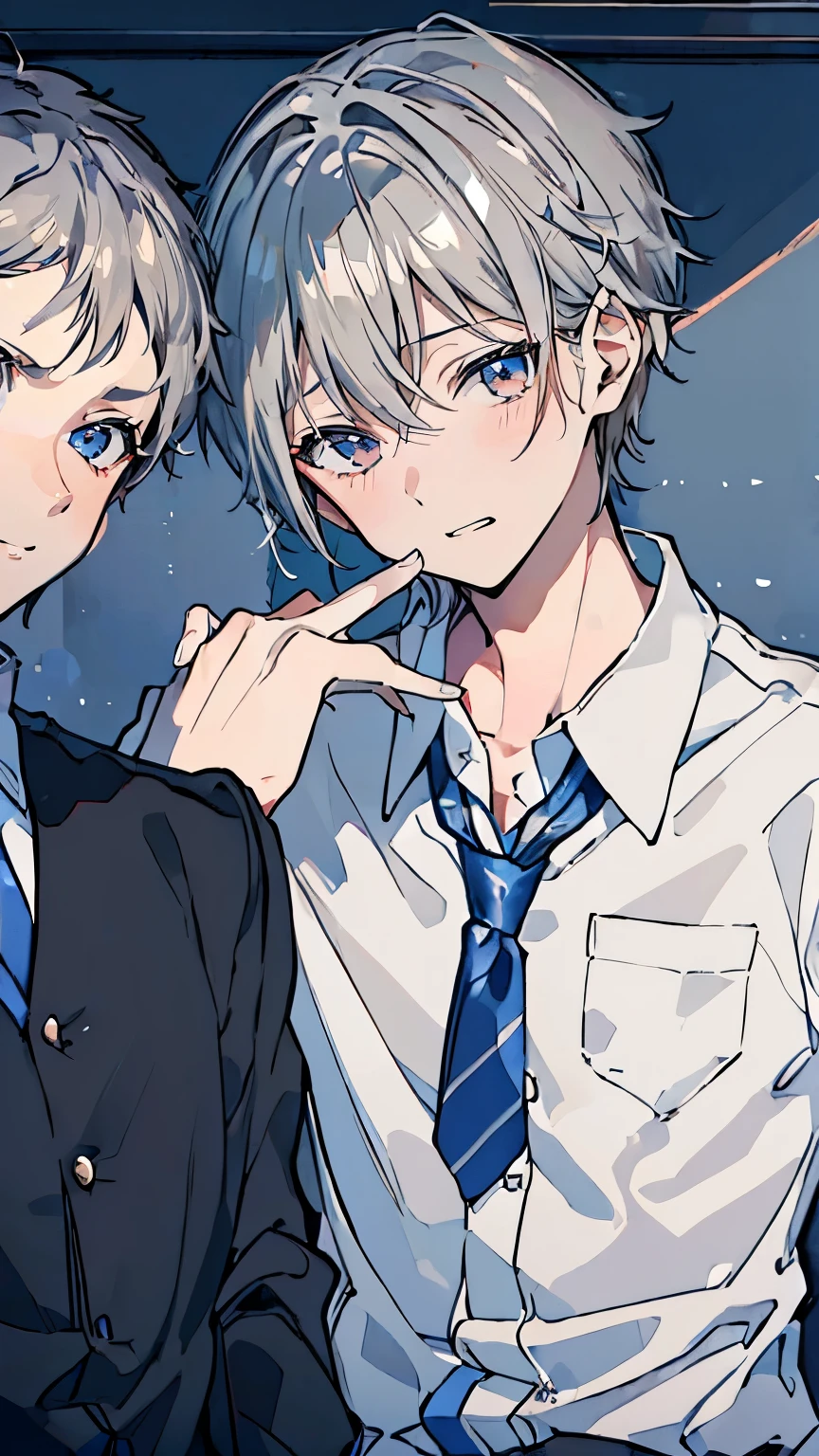 (muste piece), (best quality), very detailed, (((Two friendly high school boys:1.5))), perfect face, beautiful face, very detailed face,(short silver hair man:1.3),(Man with short black hair:1.3),School,classroom,student uniform,tie,long sleeve shirt