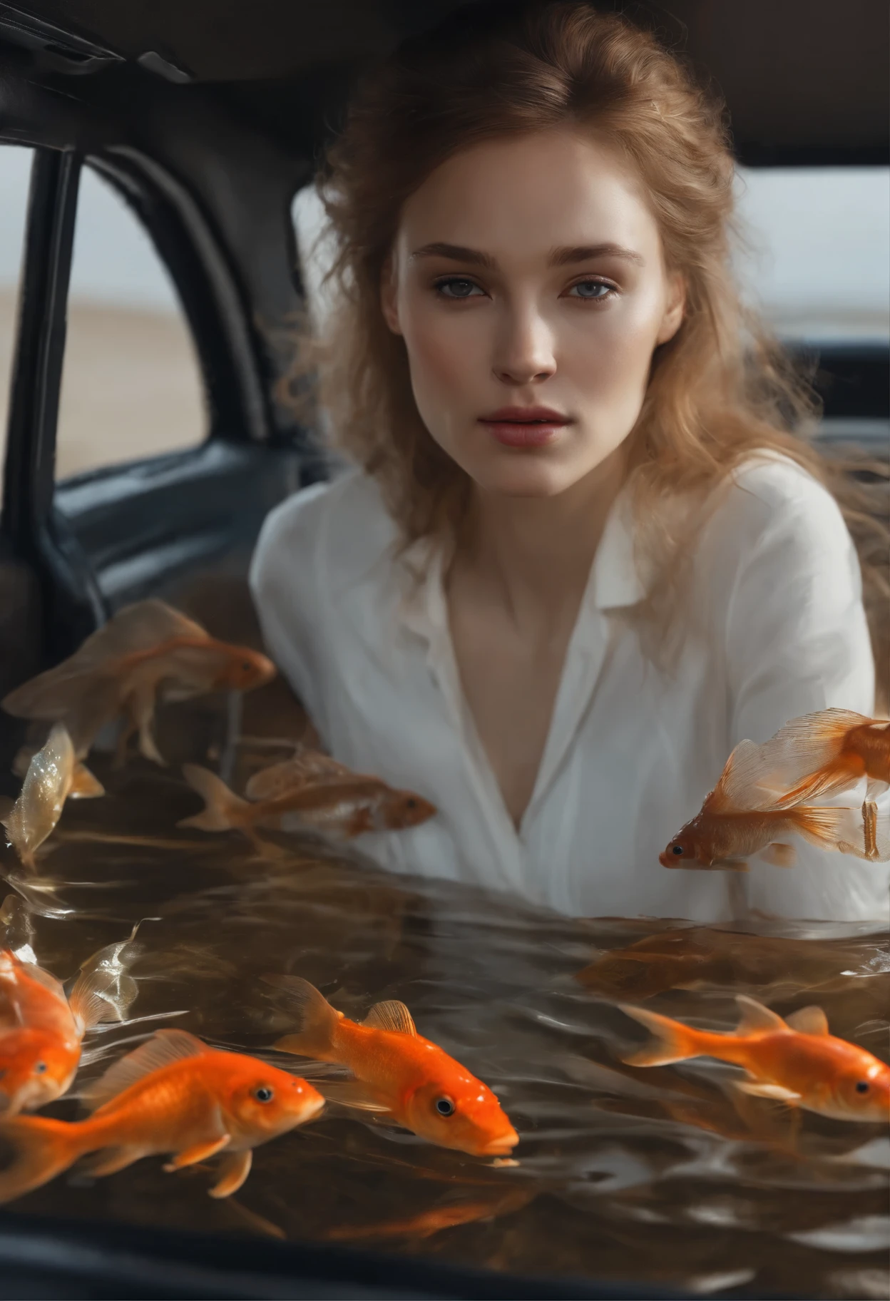 Centered, Looking at the camera, Facing the camera, Approaching perfection, Dynamic, Highly detailed, Smooth, Sharp Focus, hight resolution, art by carne griffiths and wadim kashin, White background, big fish@Lucifer Vlogs, Illustration, close-up, 8K, UHD, retina, masterpiece, ccurate, textured skin, anatomically correct, super detail, high details, high quality, highres, best quality, award winning, 1080P, HD, 4K, 16k, 4K, 8k, 16k, Goldfish swimming around rotating model, The girl is in the back seat of the car, in the back of the car&#39;s interior 
